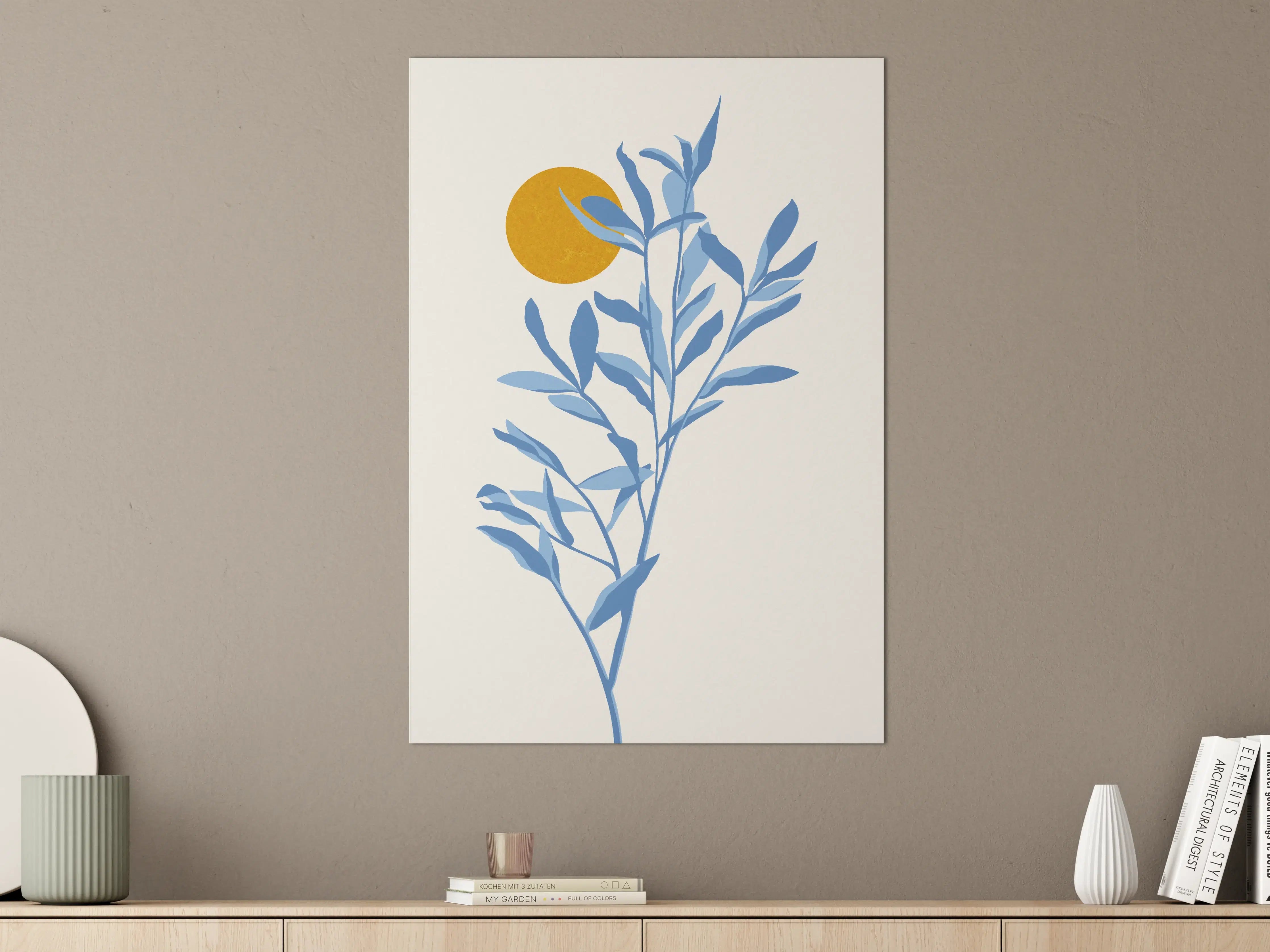 Große Wandbilder - Blaues Pflanzenmotiv mit Sonnenakzent