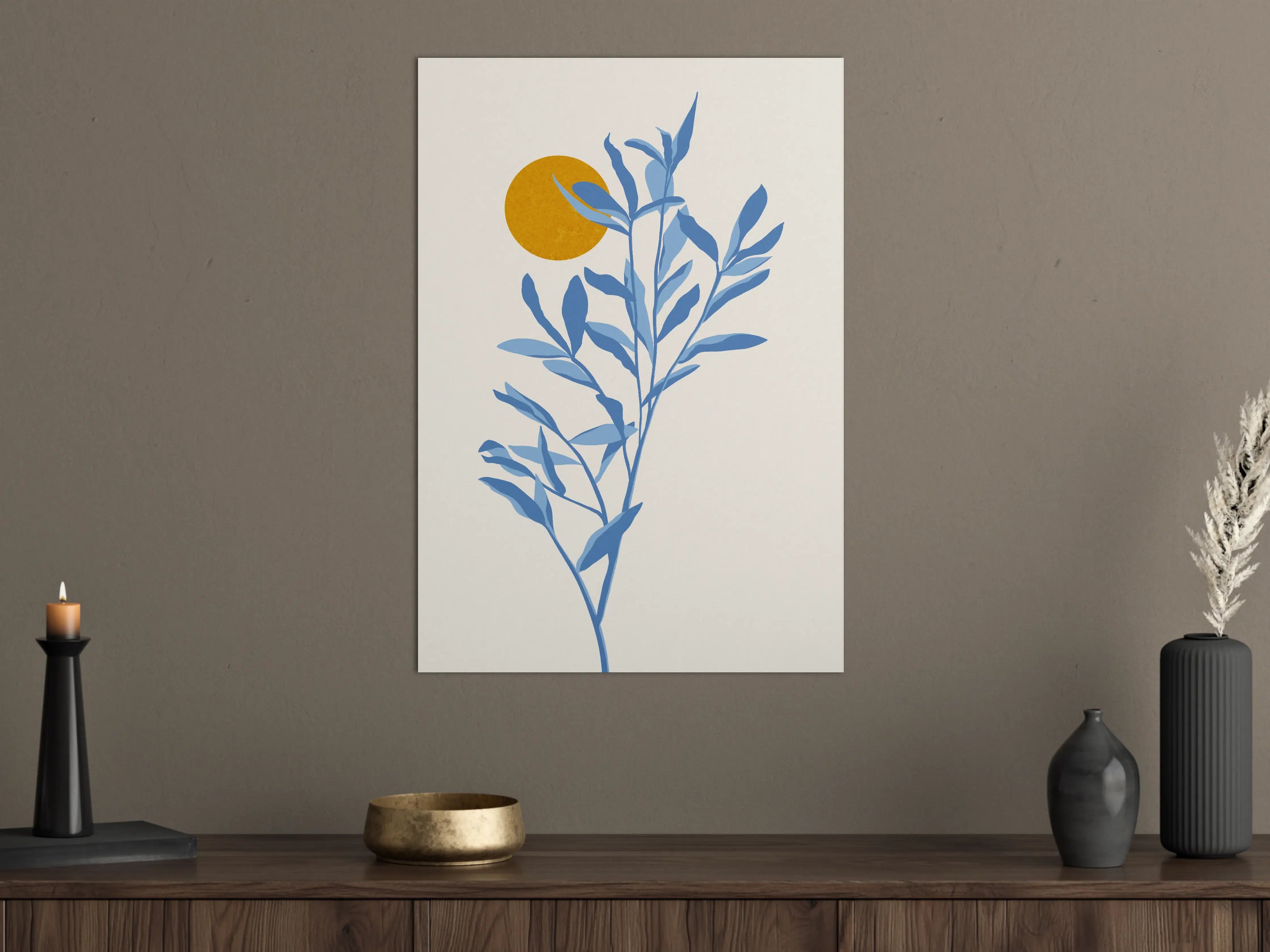 Große Wandbilder - Blaues Pflanzenmotiv mit Sonnenakzent