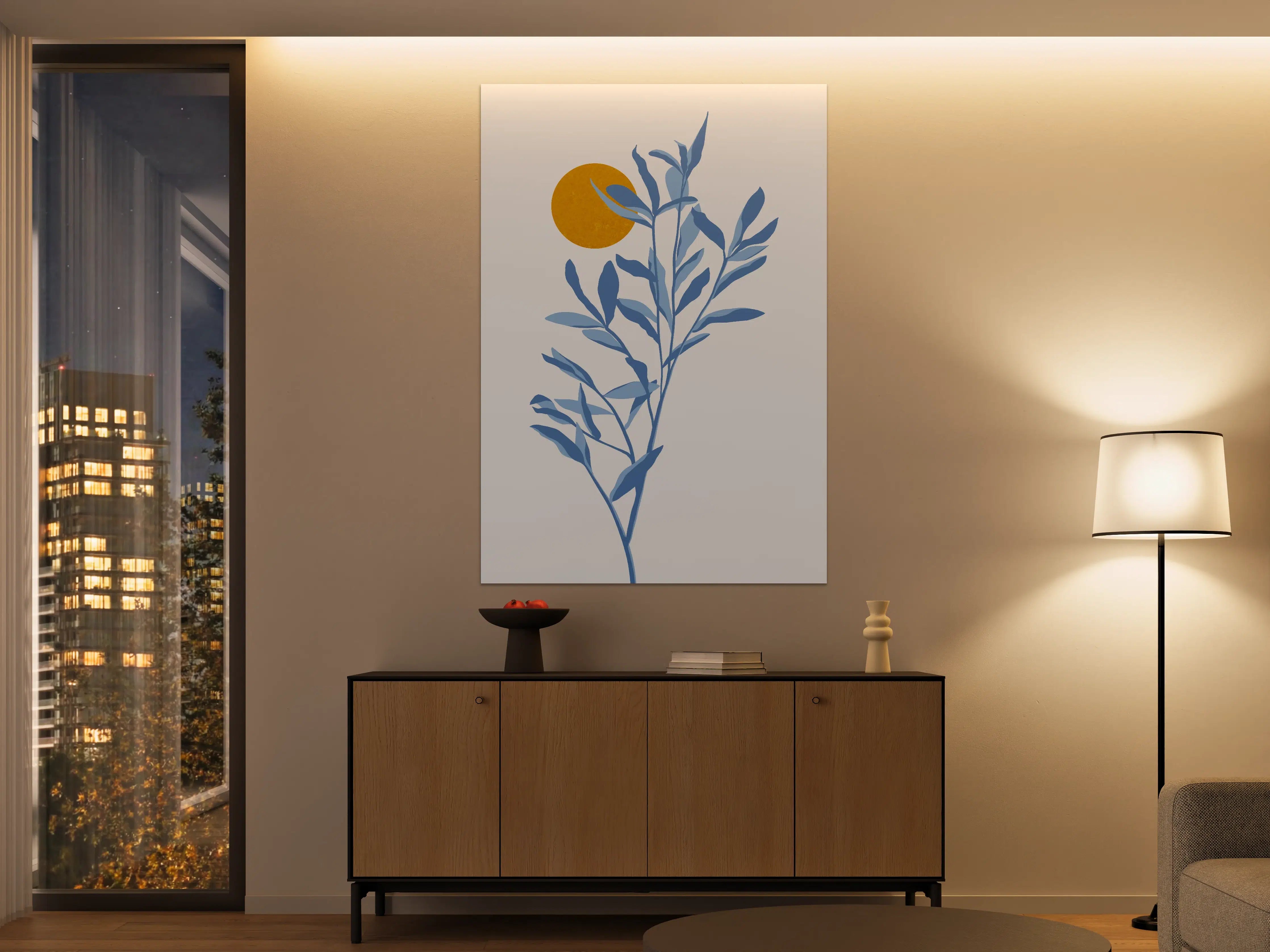 Große Wandbilder - Blaues Pflanzenmotiv mit Sonnenakzent