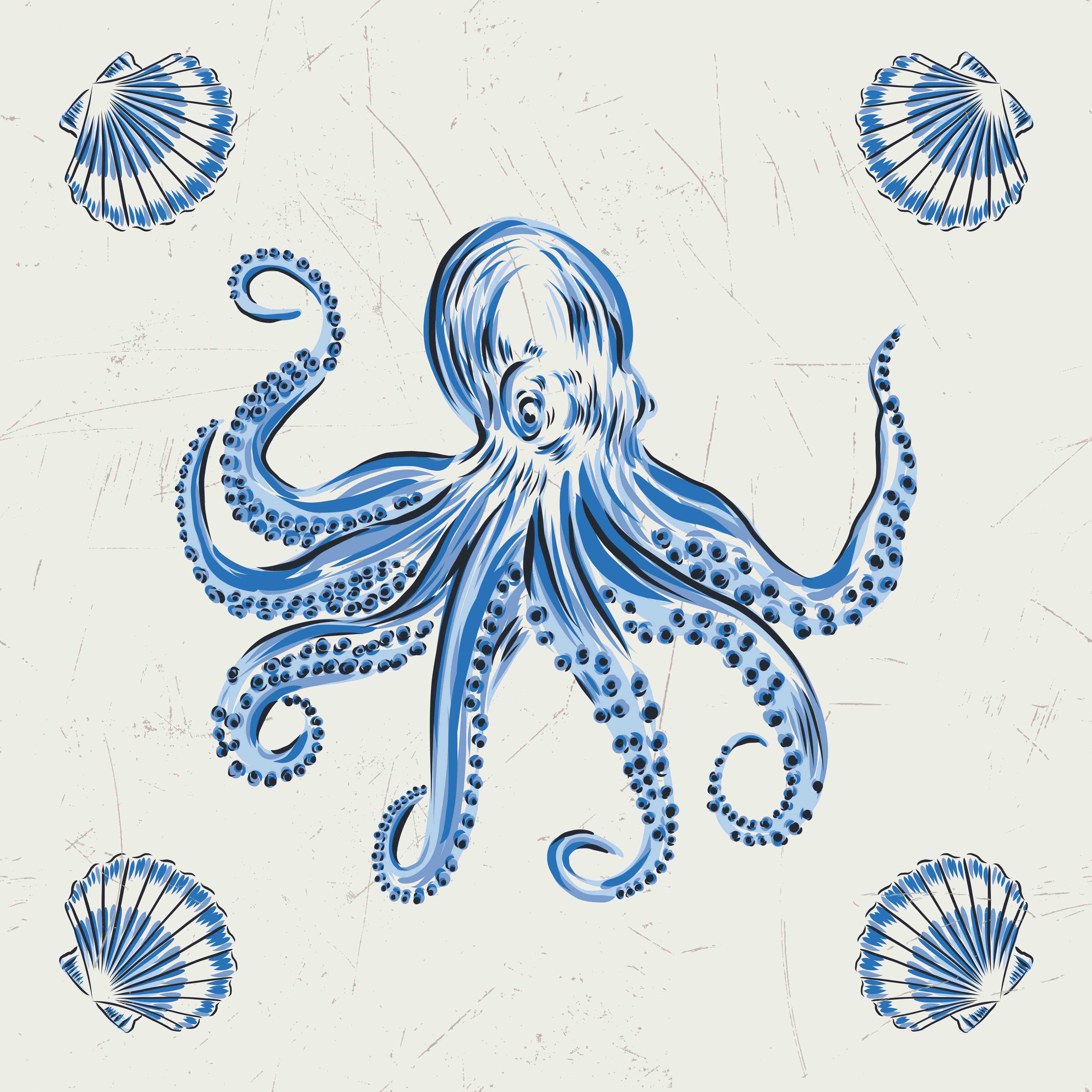 Große Wandbilder-Blaues Tintenfisch-Motiv mit Muscheln