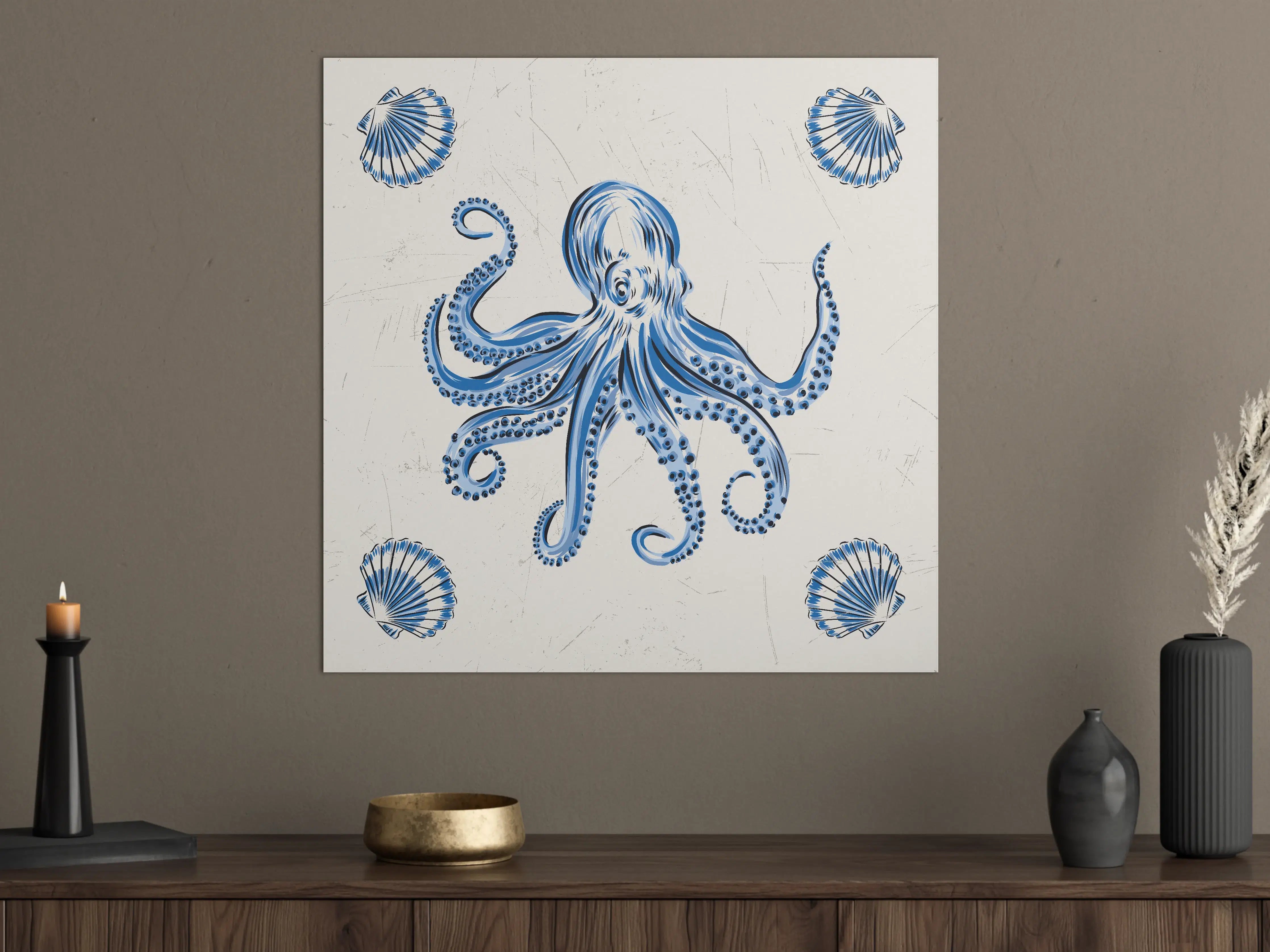 Große Wandbilder - Blaues Tintenfisch-Motiv mit Muscheln