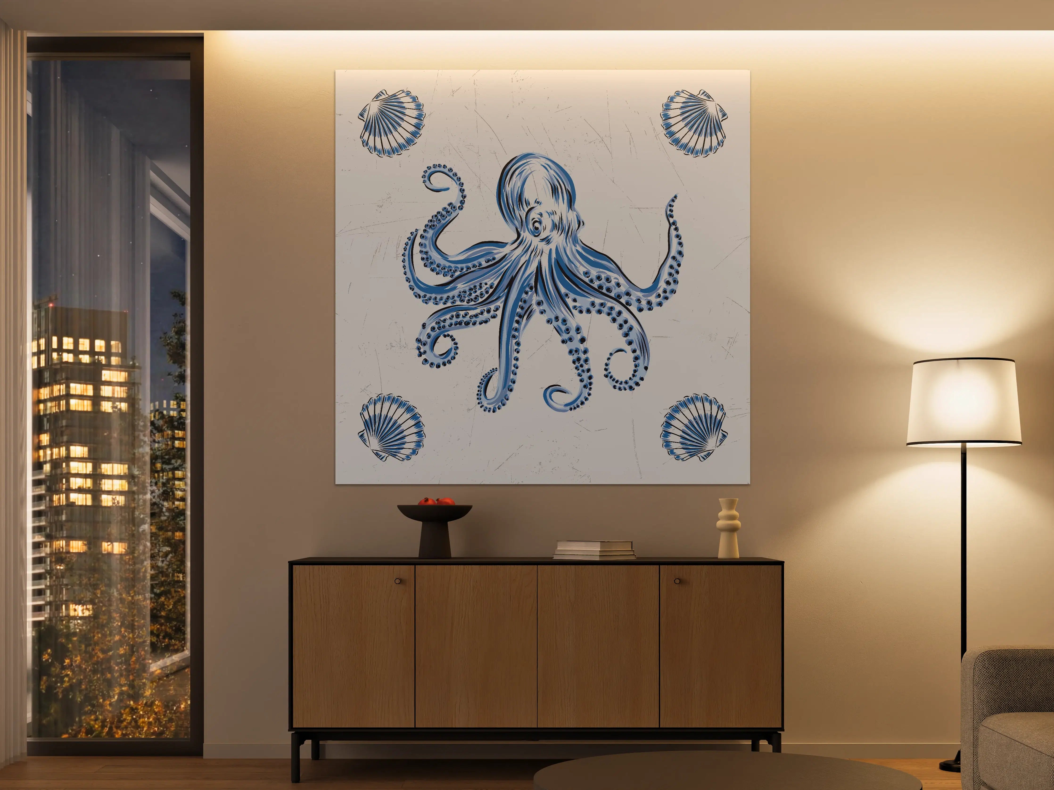 Große Wandbilder - Blaues Tintenfisch-Motiv mit Muscheln