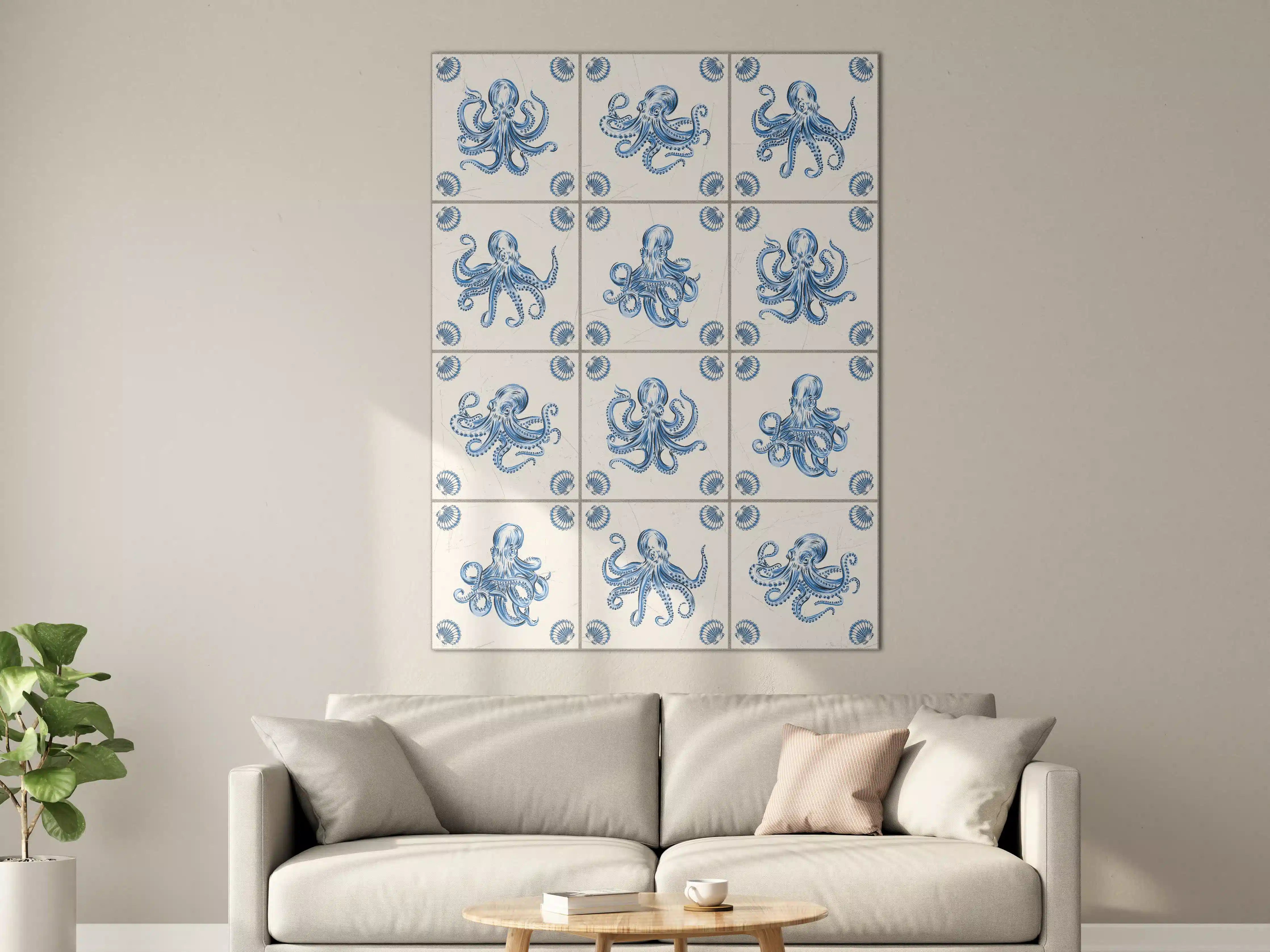 Große Wandbilder - Blaues Tintenfisch-Motiv mit traditionellem Fliesenmuster