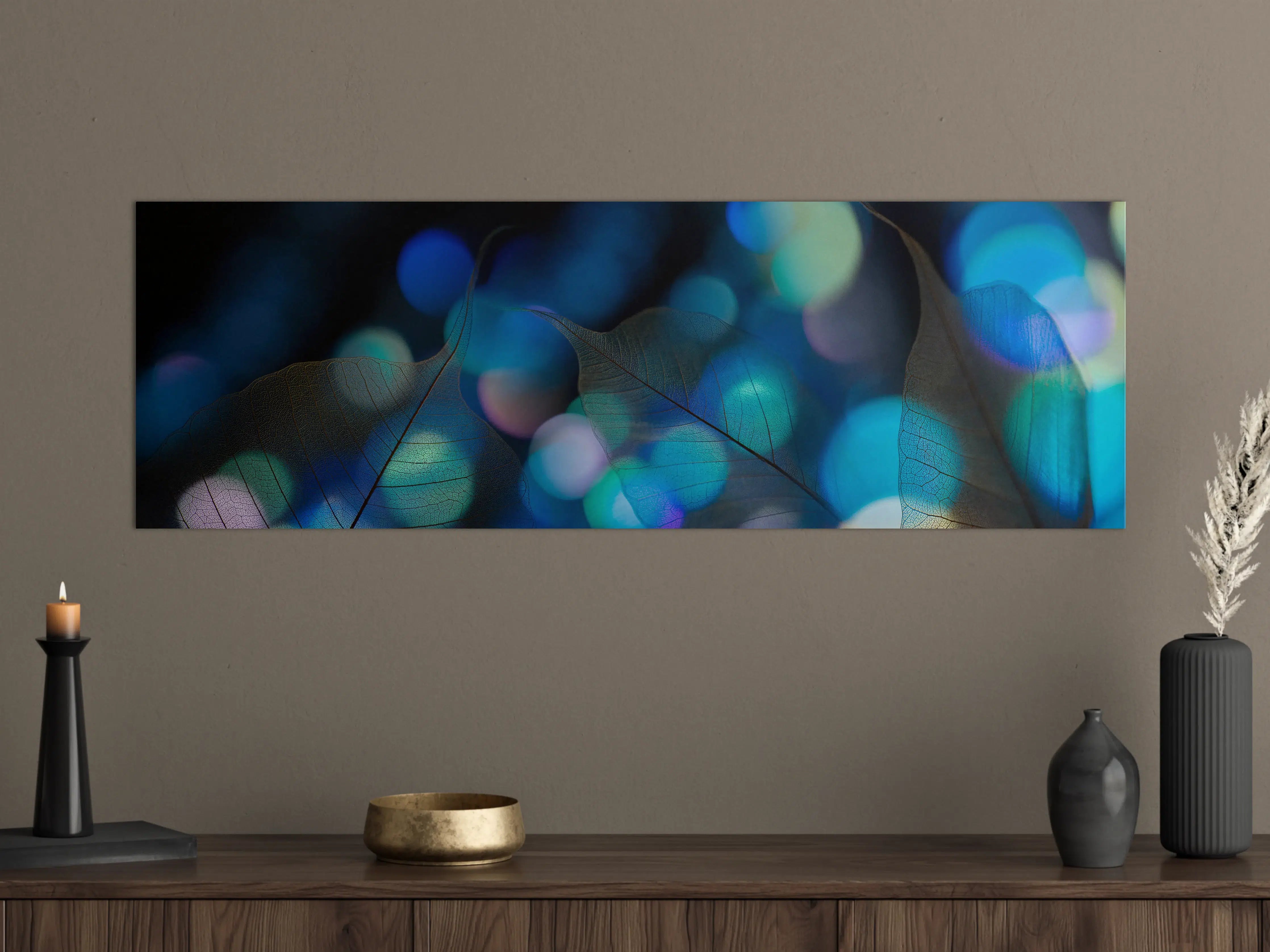 Große Wandbilder - Blaugrün Lichtspiel Blatttextur