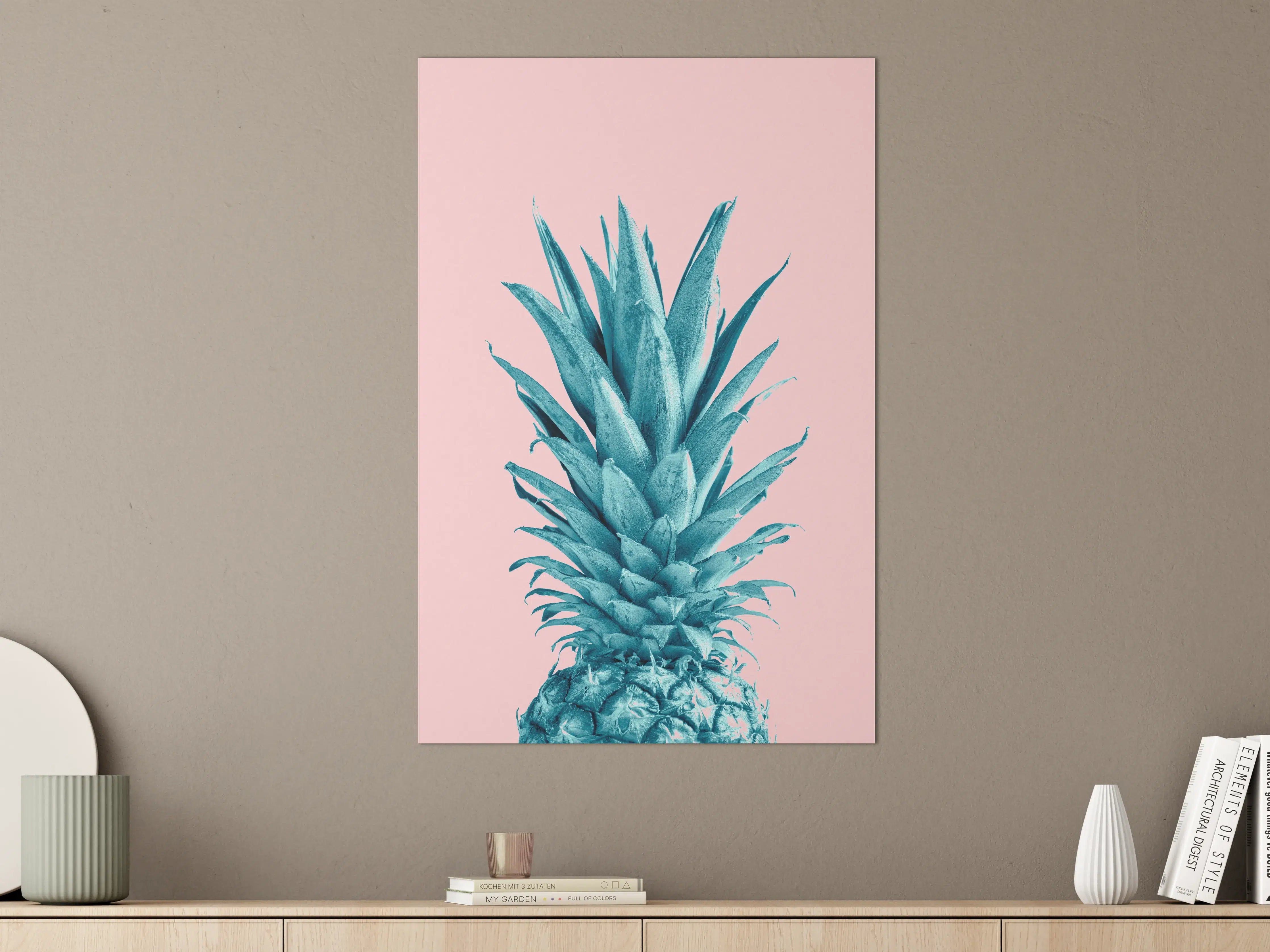 Große Wandbilder - Blautöne-Pineapple auf Roségrau-Hintergrund