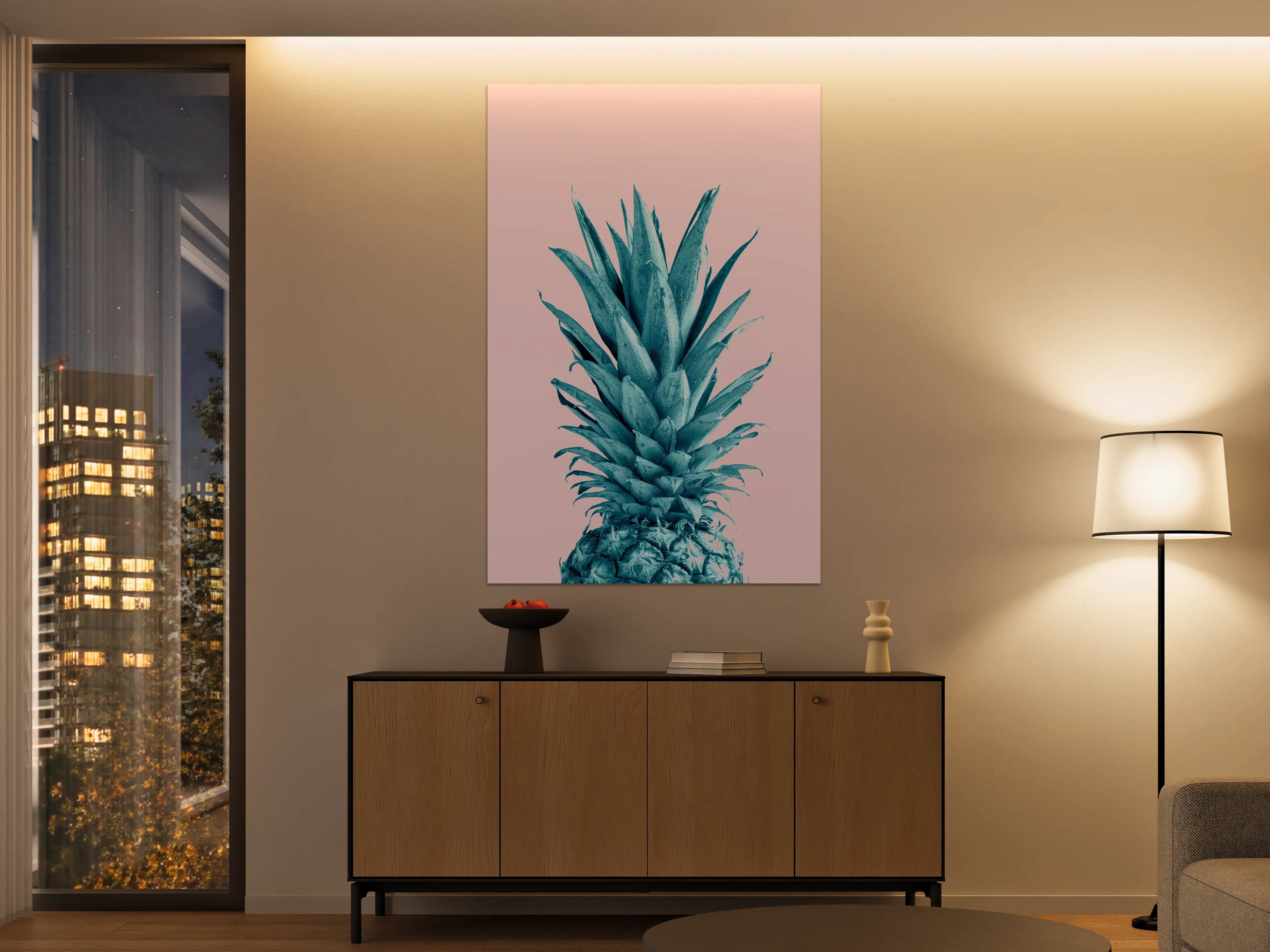 Große Wandbilder - Blautöne-Pineapple auf Roségrau-Hintergrund