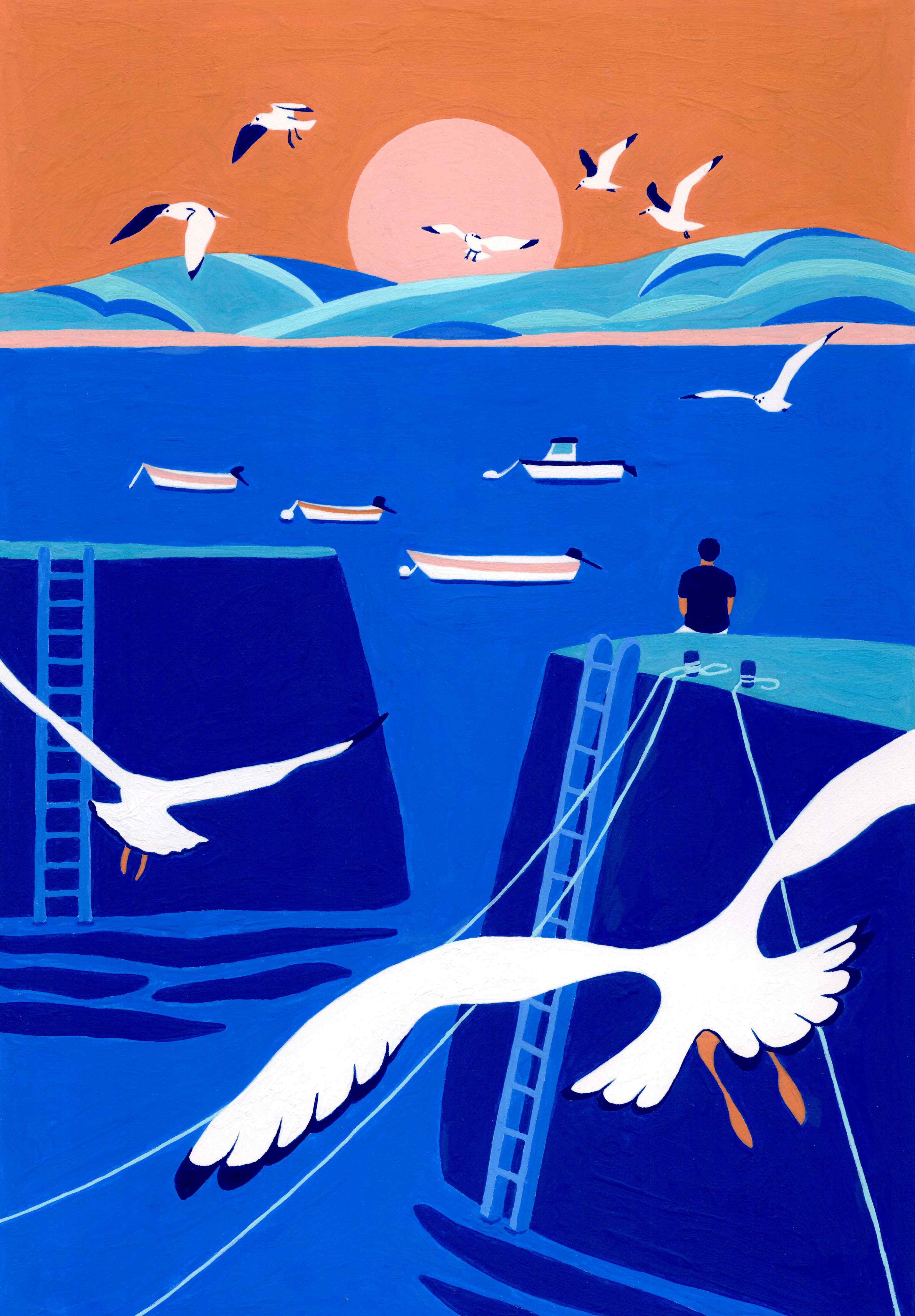 Große Wandbilder-Blick auf das Meer mit Möwen bei Sonnenuntergang