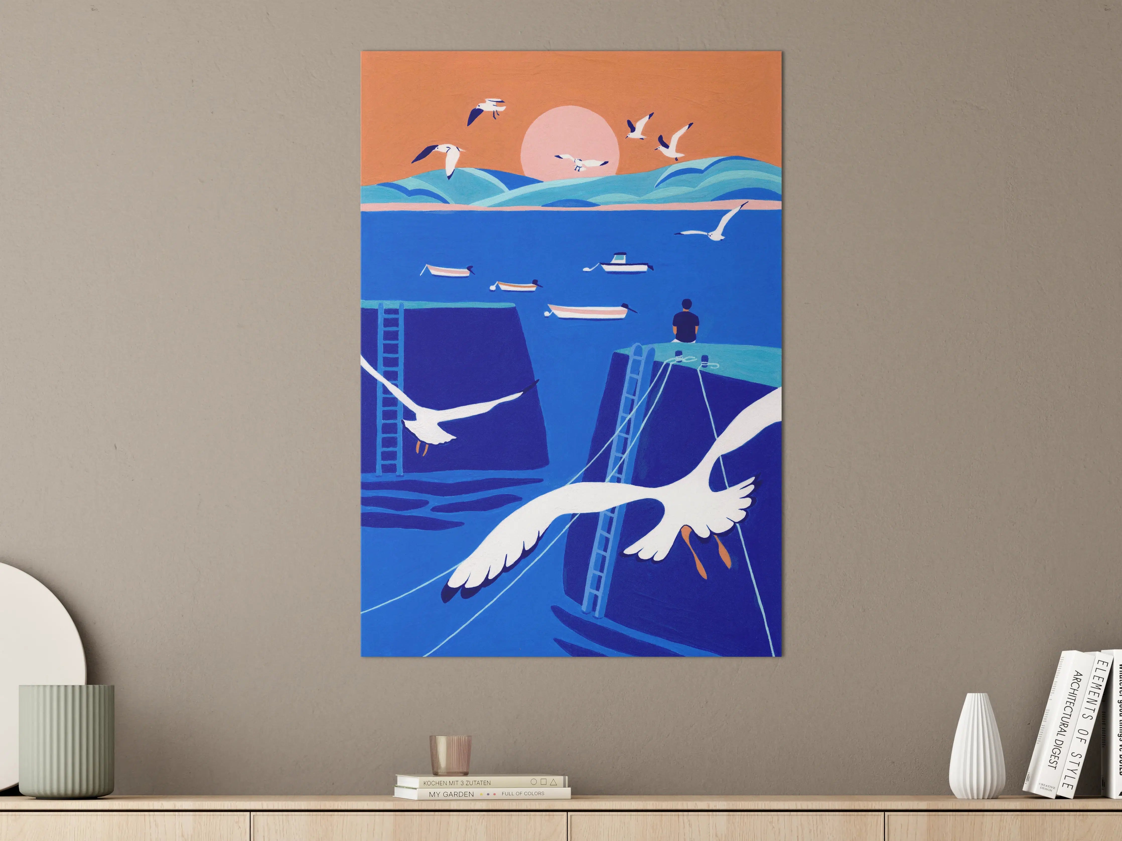 Große Wandbilder - Blick auf das Meer mit Möwen bei Sonnenuntergang