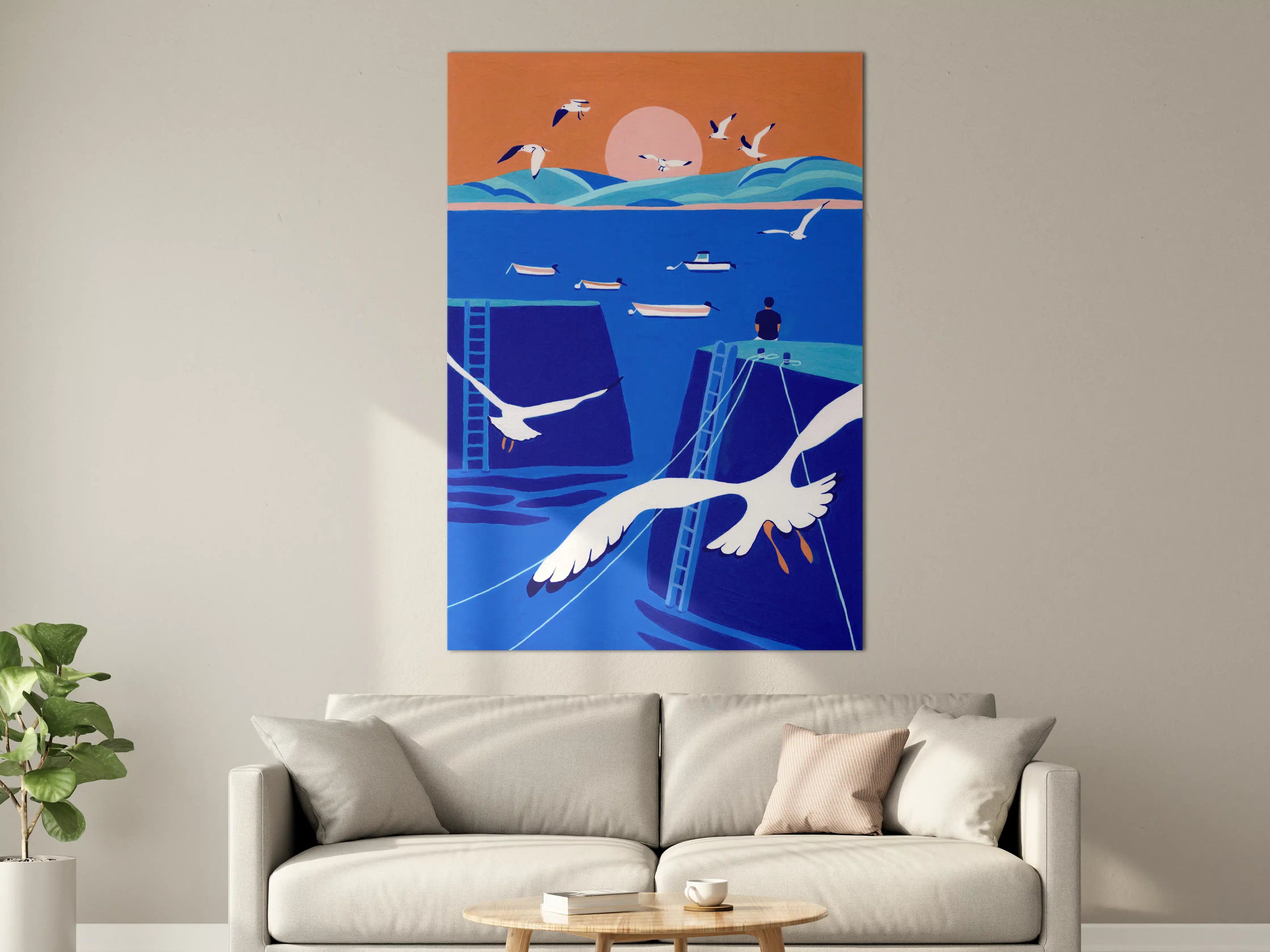 Große Wandbilder - Blick auf das Meer mit Möwen bei Sonnenuntergang