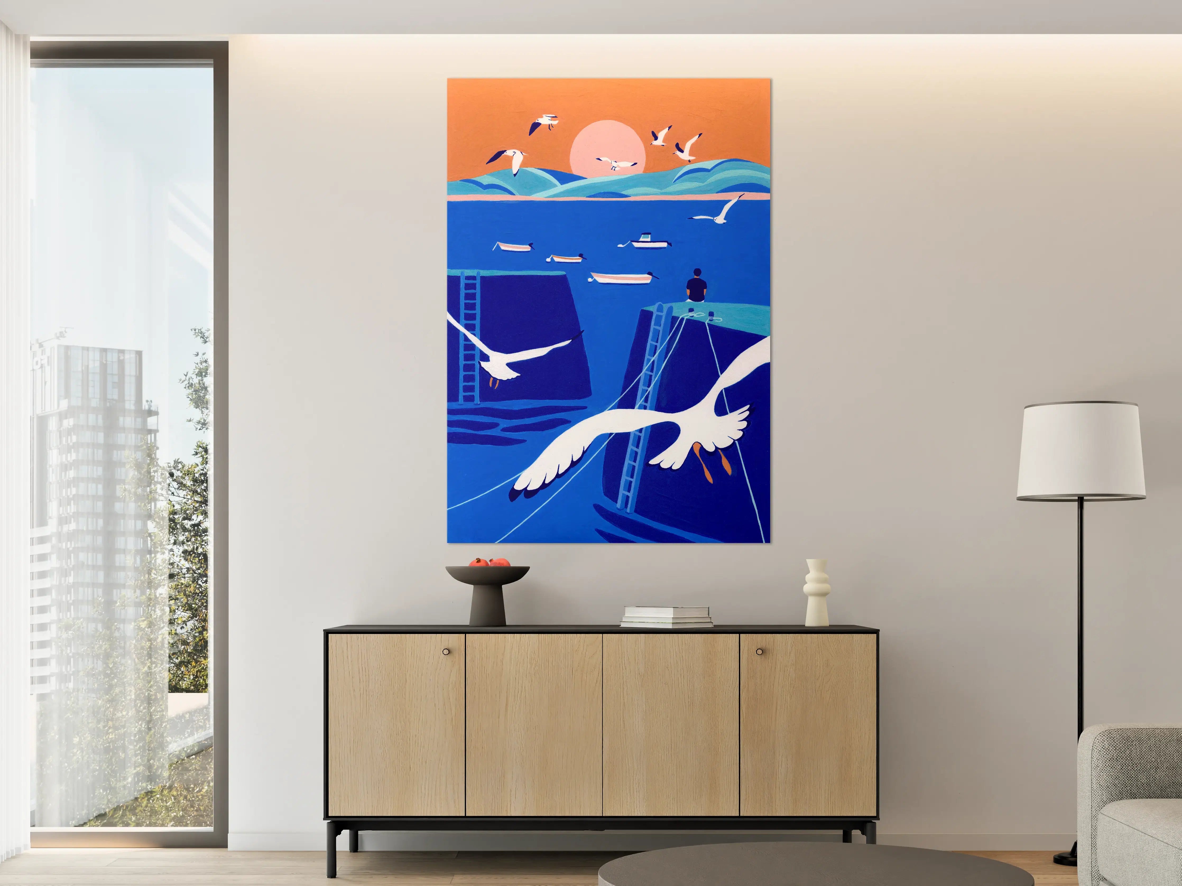 Große Wandbilder - Blick auf das Meer mit Möwen bei Sonnenuntergang