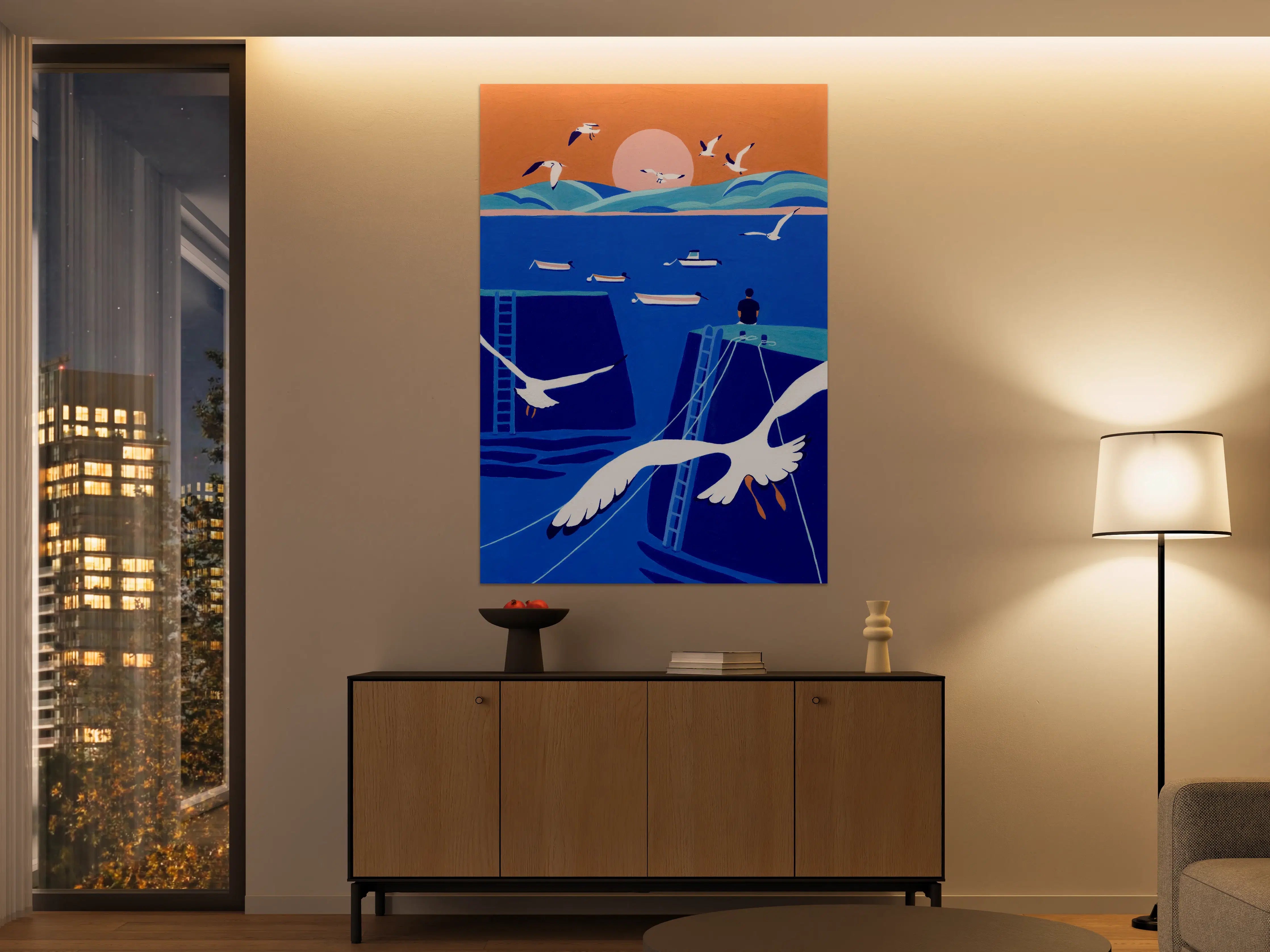 Große Wandbilder - Blick auf das Meer mit Möwen bei Sonnenuntergang