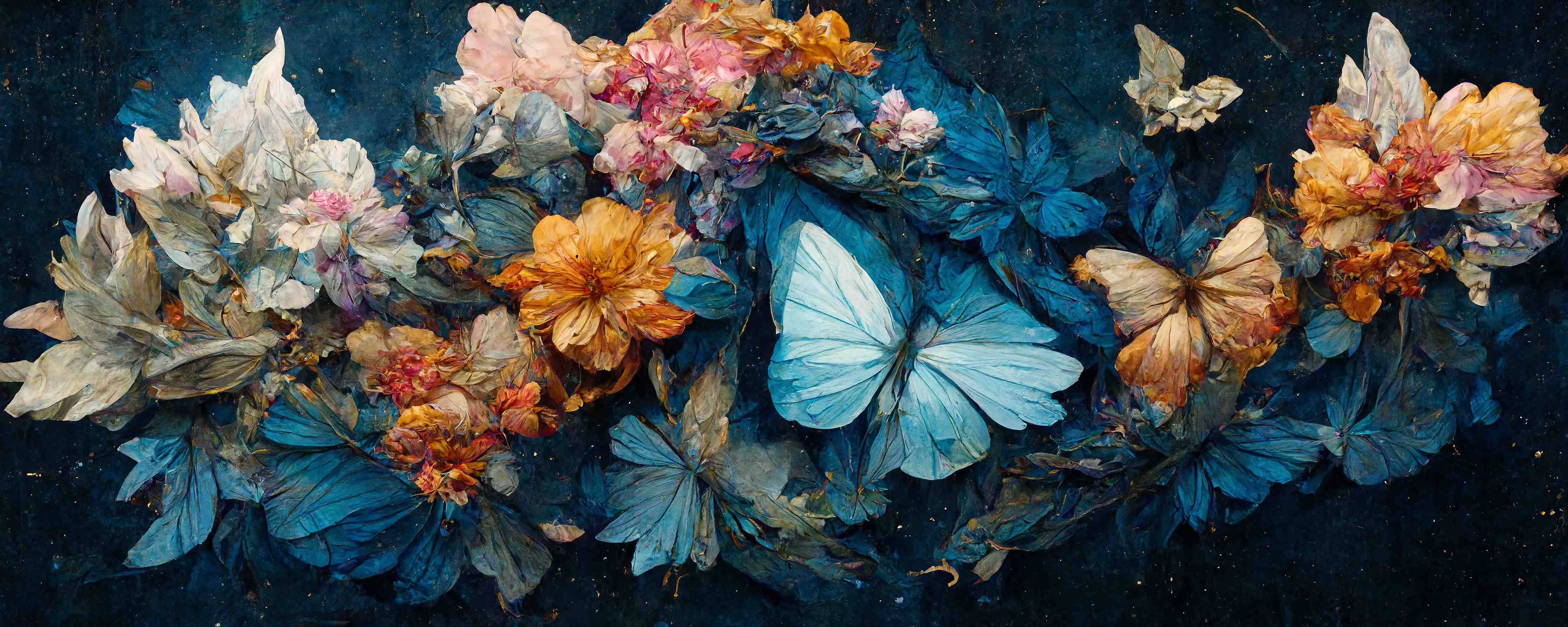 Große Wandbilder-Blühende Blumen und Schmetterlinge in Blau-Gelb