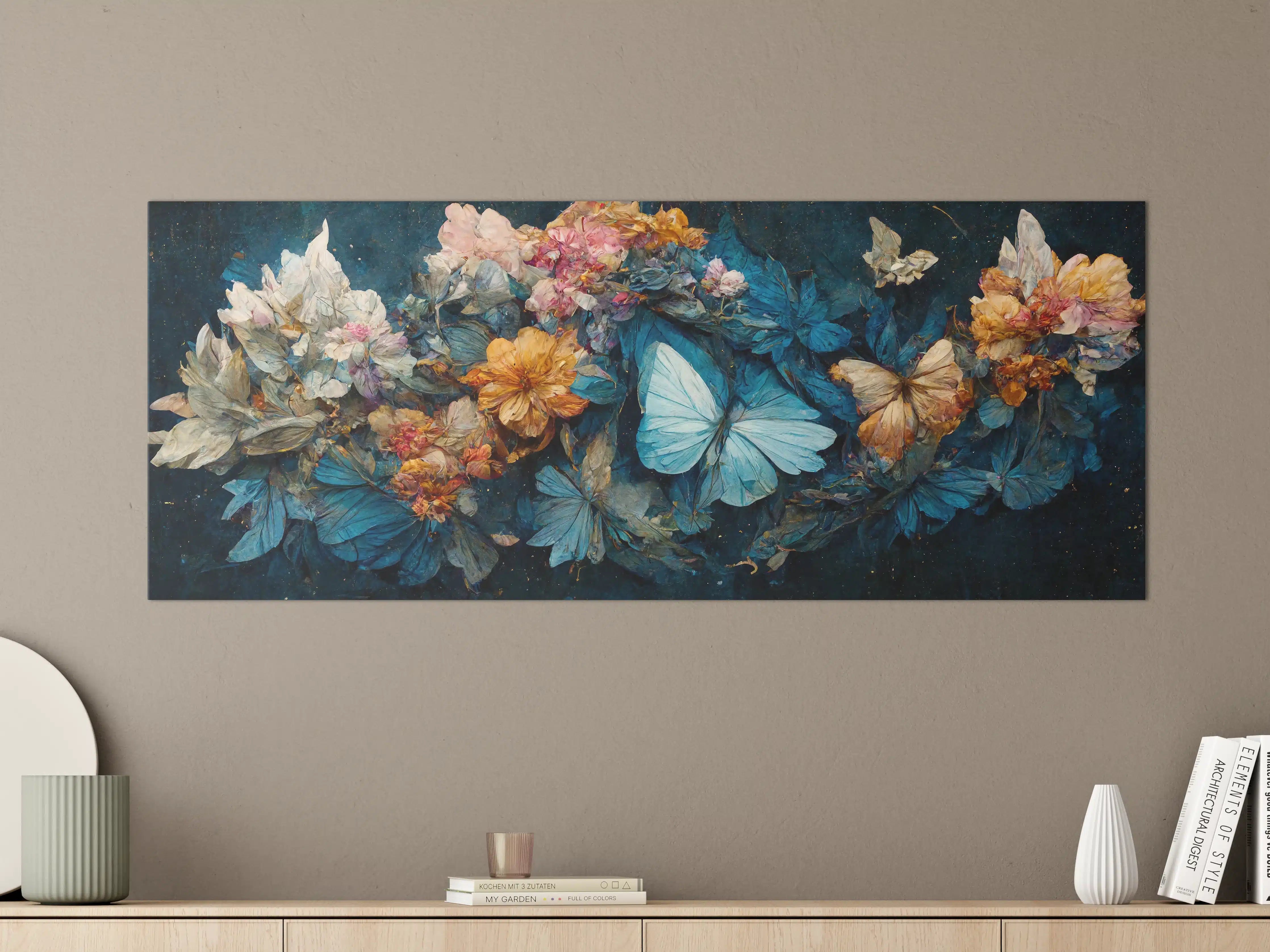 Große Wandbilder - Blühende Blumen und Schmetterlinge in Blau-Gelb