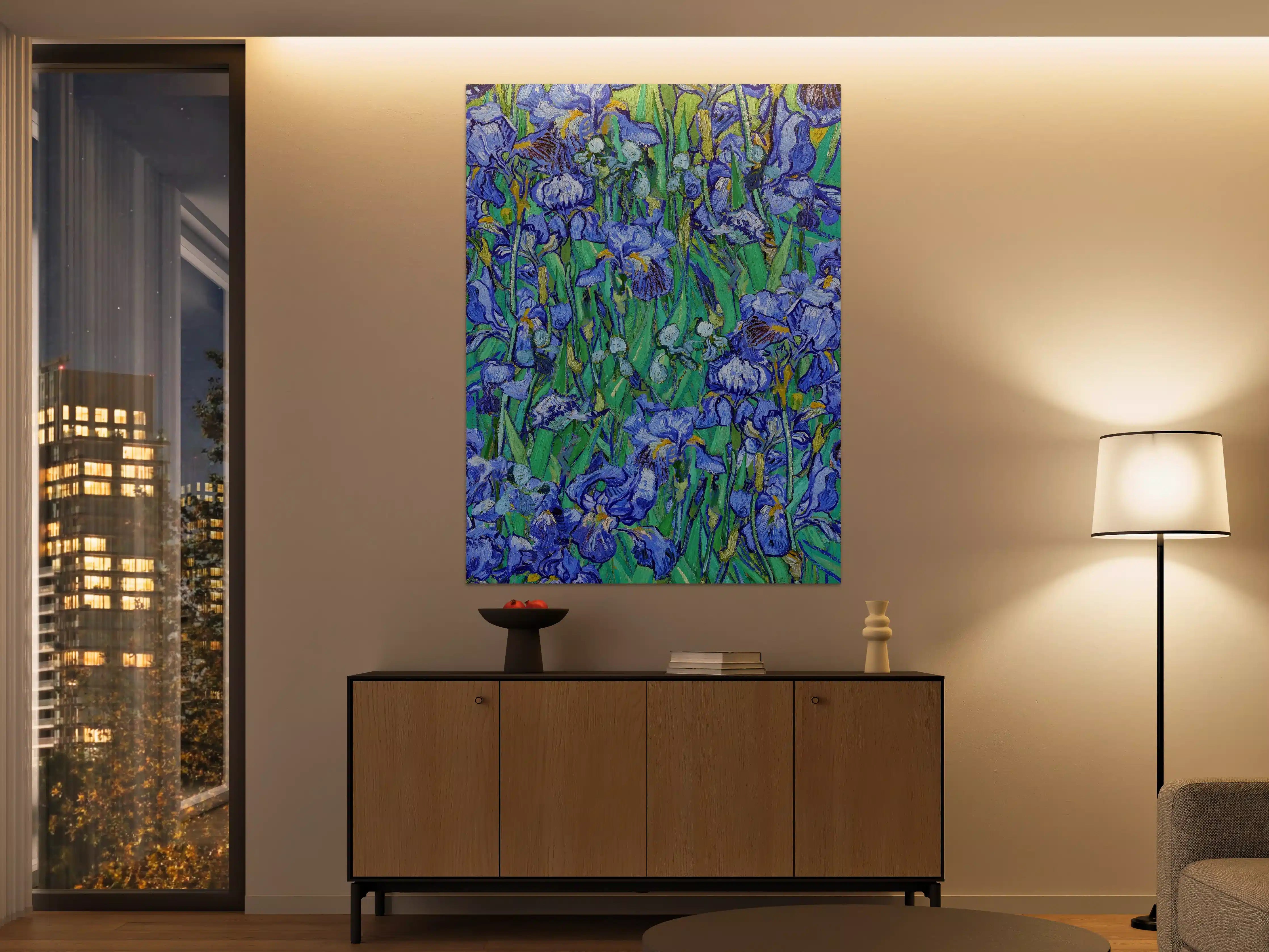 Große Wandbilder - Blühende Iris in Blau mit Grüntönen