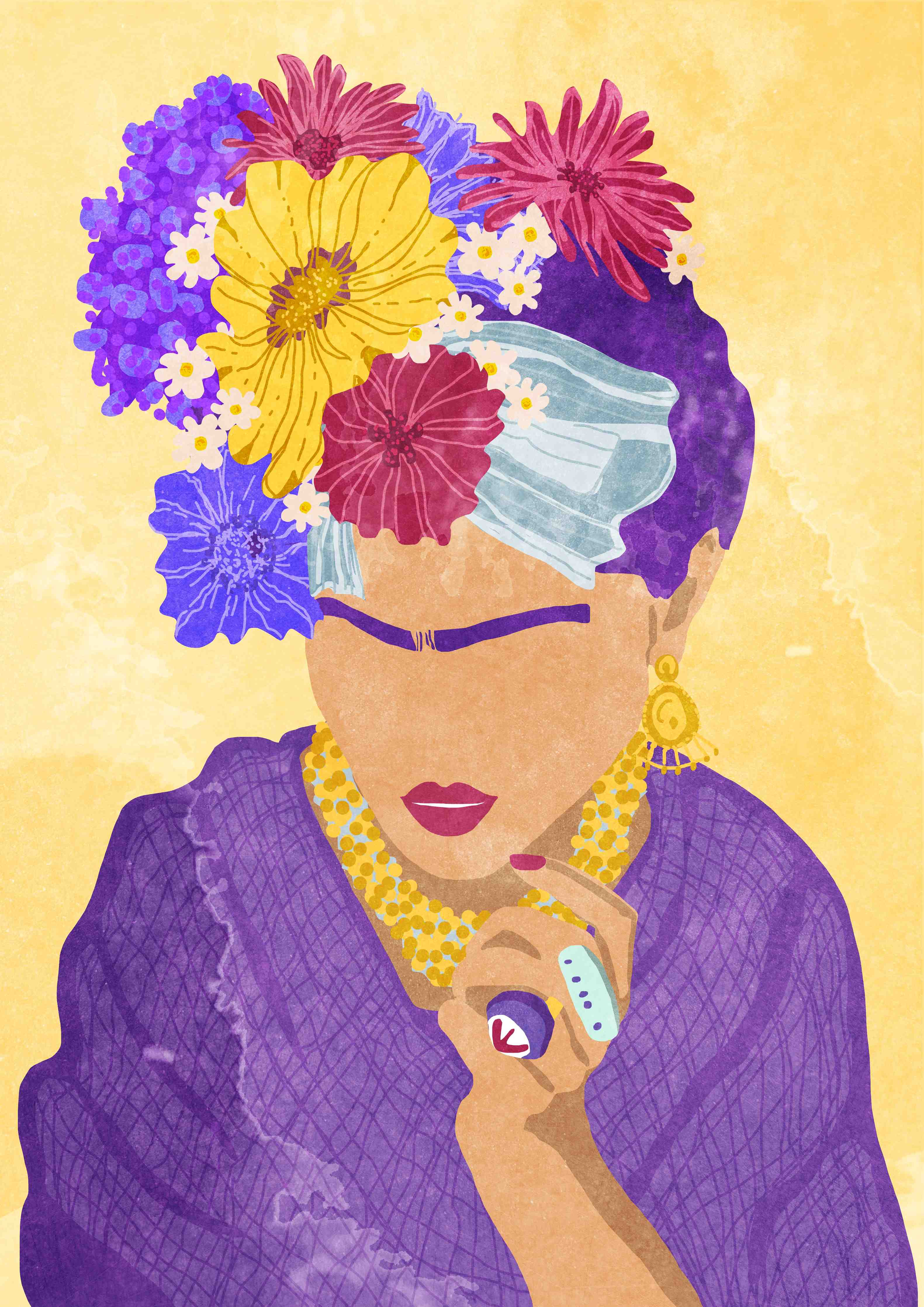 Große Wandbilder-Blumen-Haarschmuck und elegante Kleidung