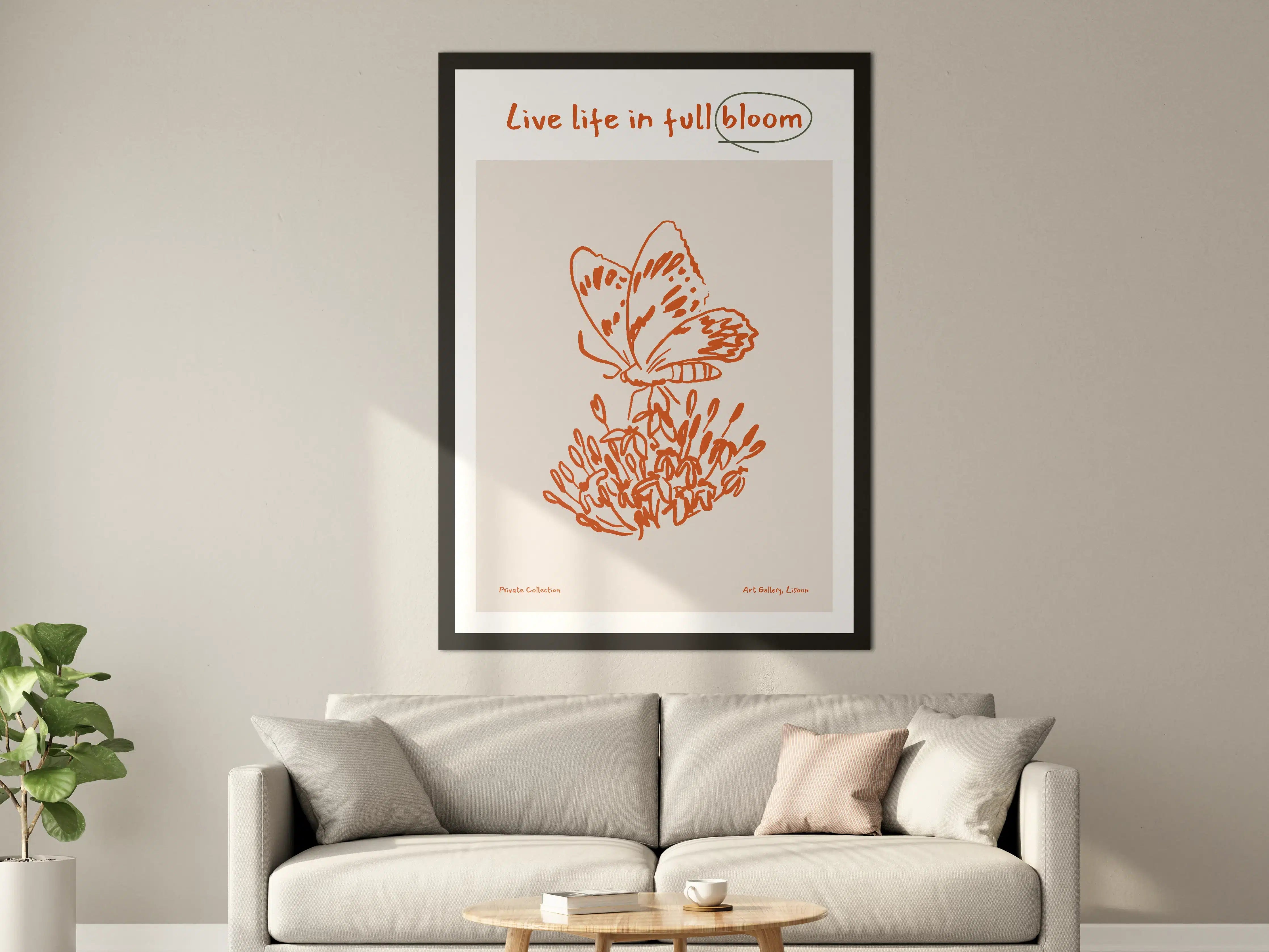 Große Wandbilder - Blumen und Schmetterling in warmen Orangetönen