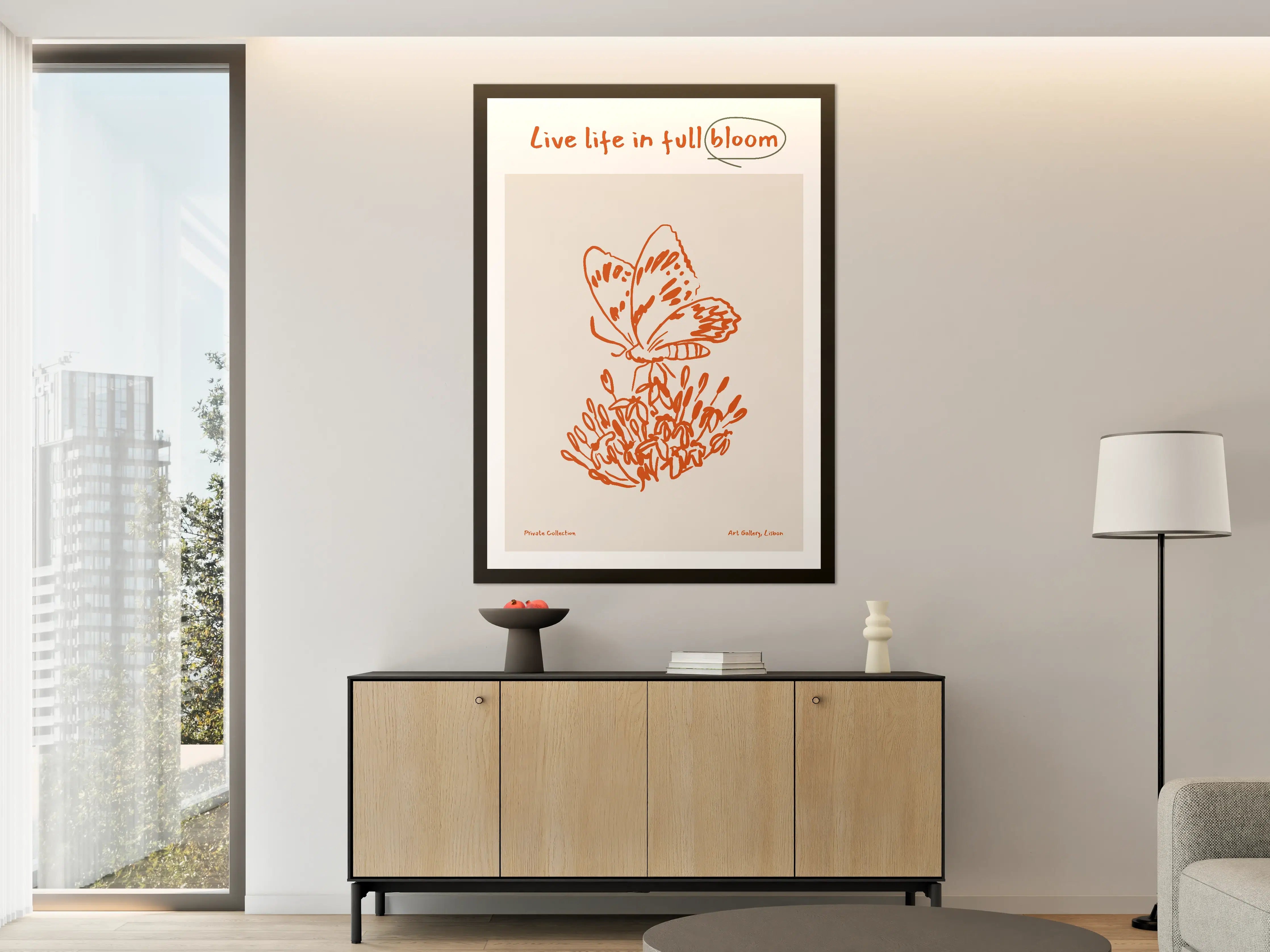 Große Wandbilder - Blumen und Schmetterling in warmen Orangetönen