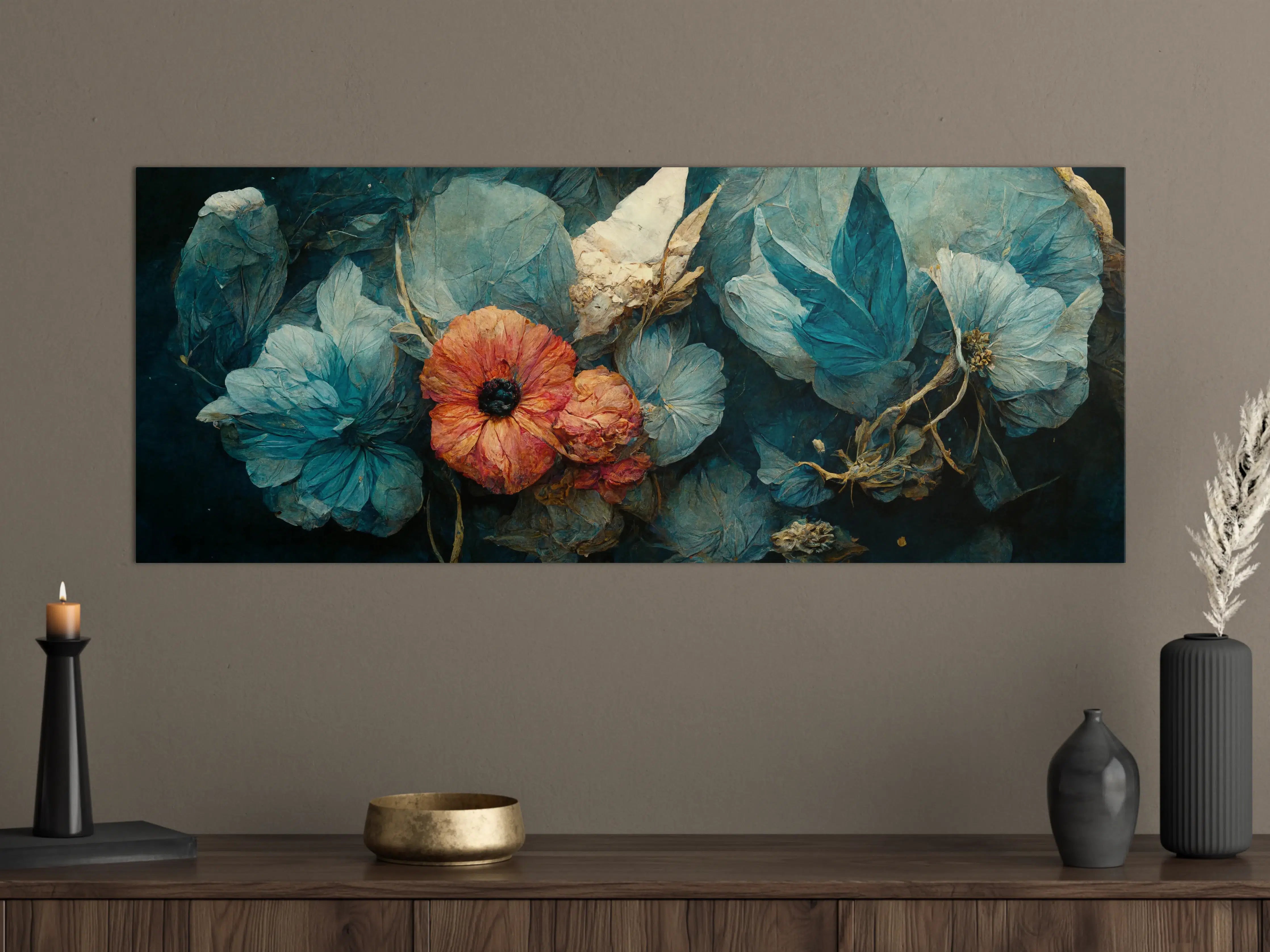 Große Wandbilder - Blumen und Texturen in Blau und Koralle
