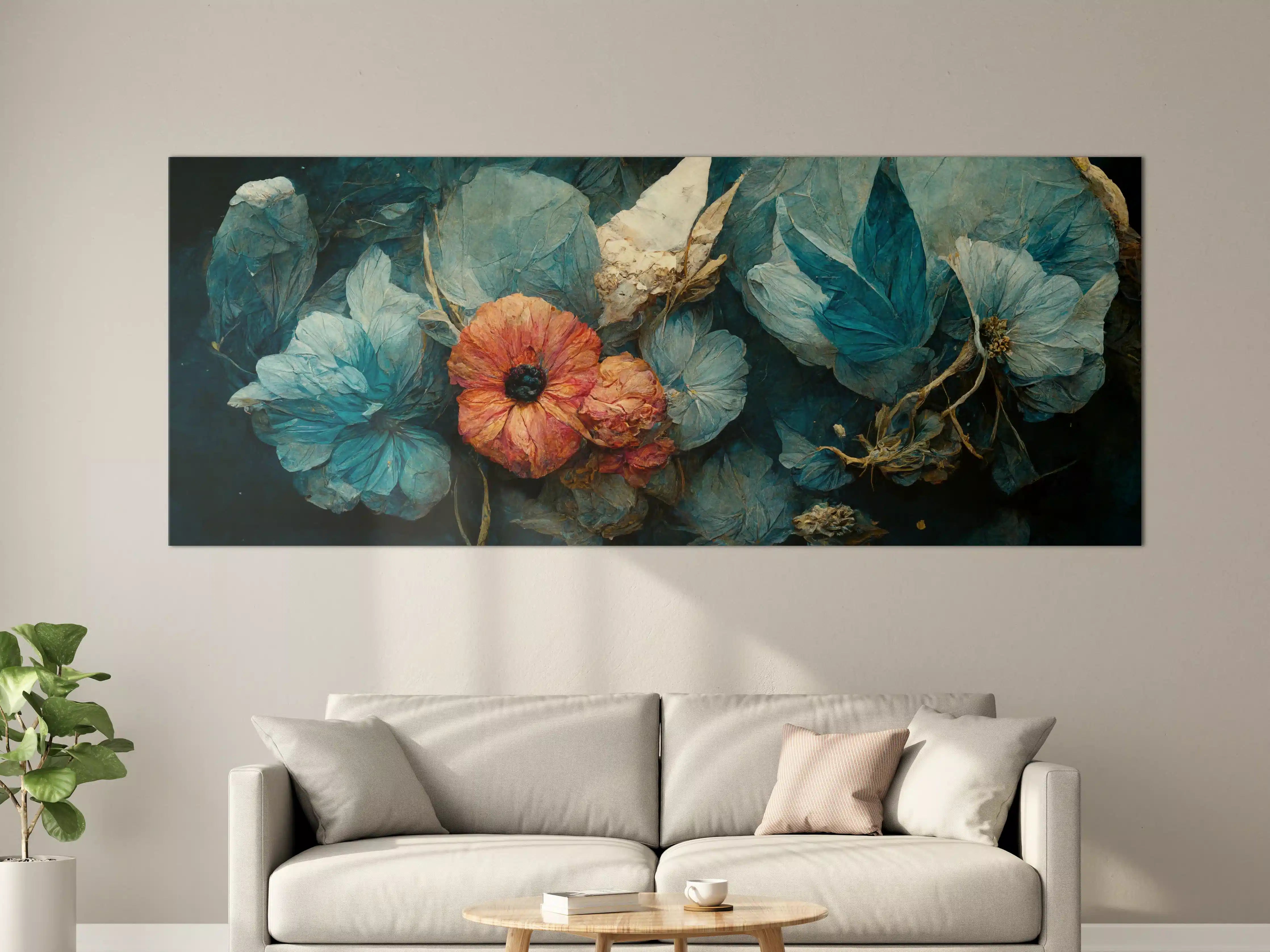 Große Wandbilder - Blumen und Texturen in Blau und Koralle