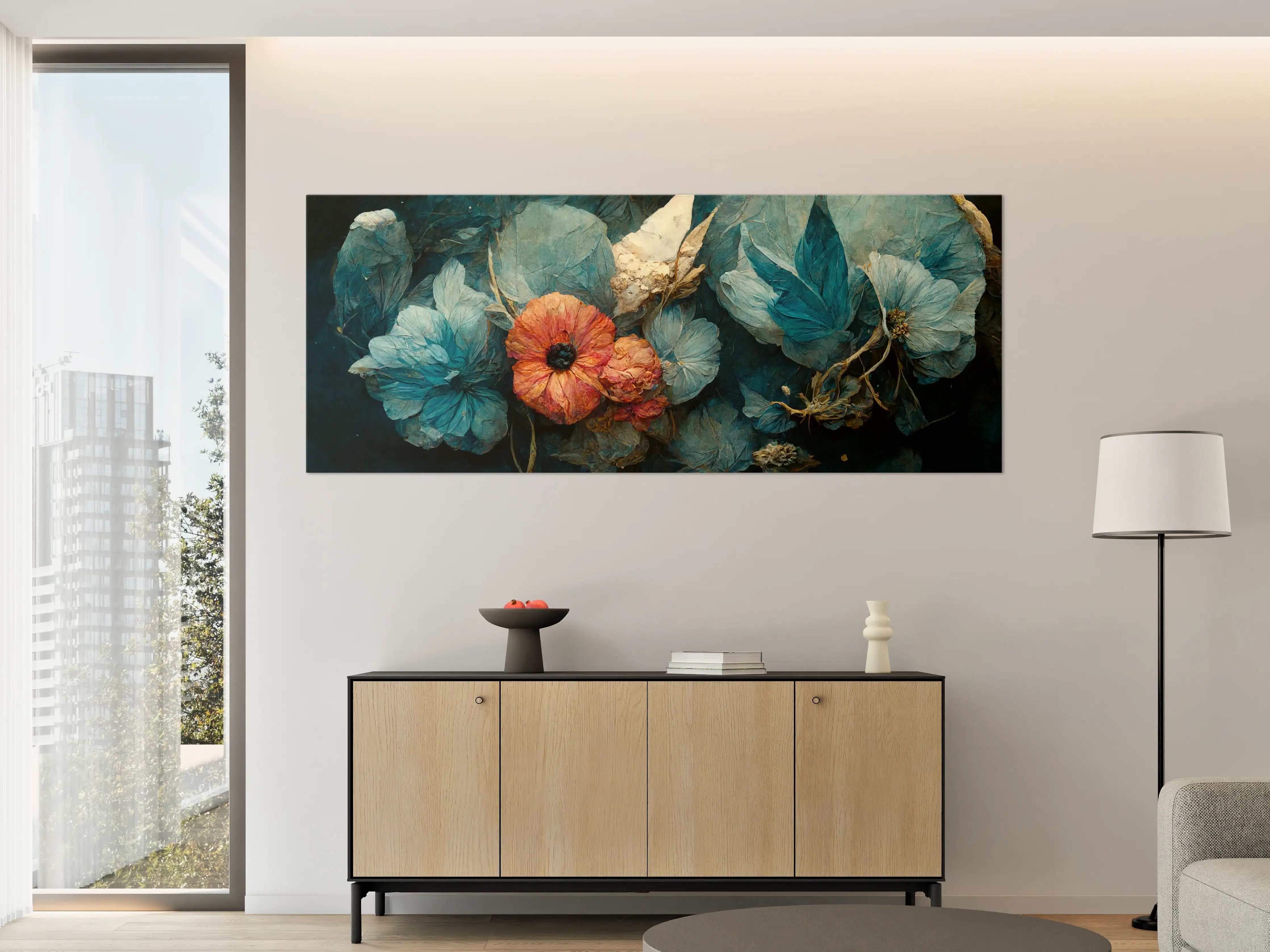 Große Wandbilder - Blumen und Texturen in Blau und Koralle