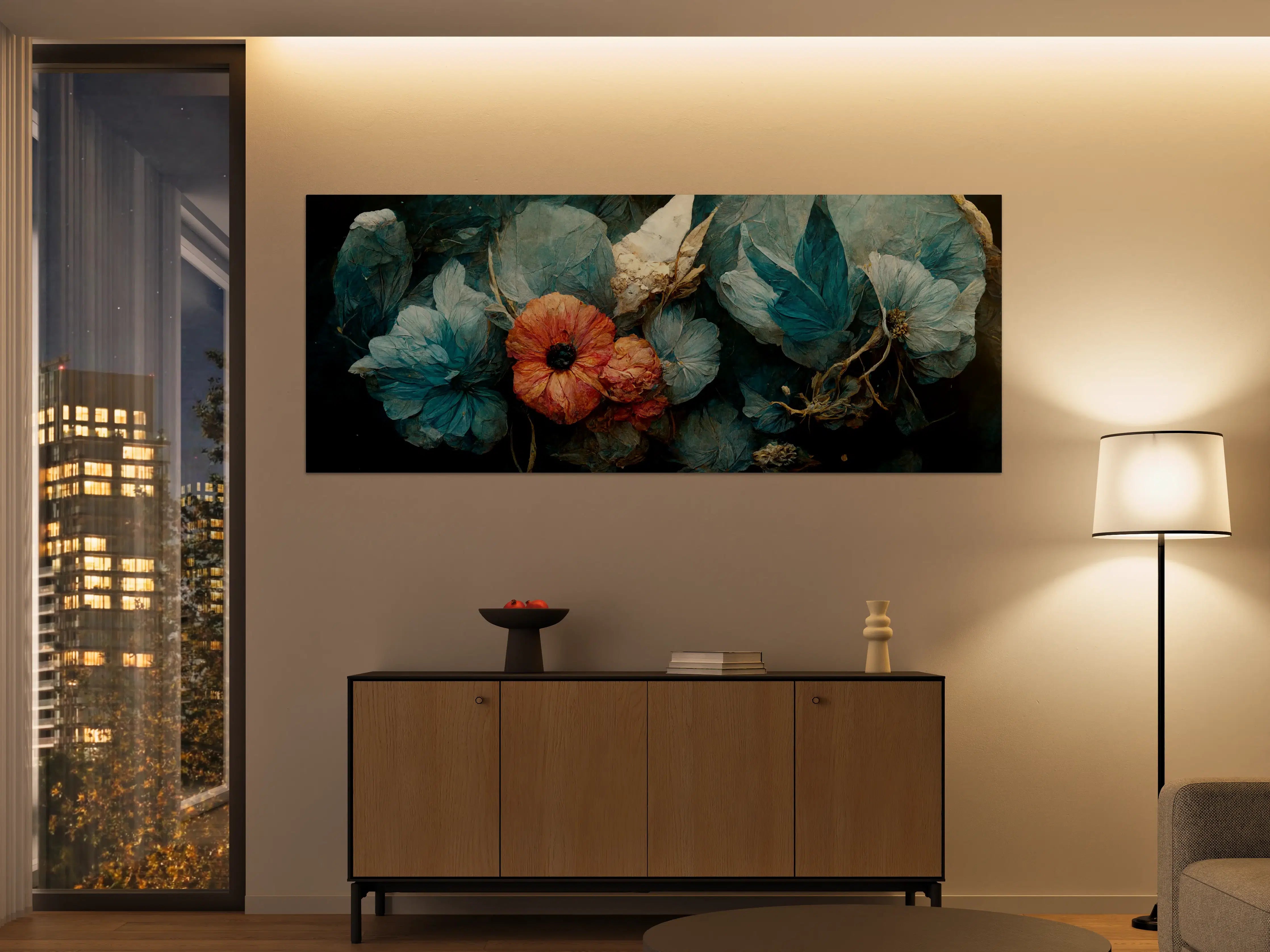 Große Wandbilder - Blumen und Texturen in Blau und Koralle