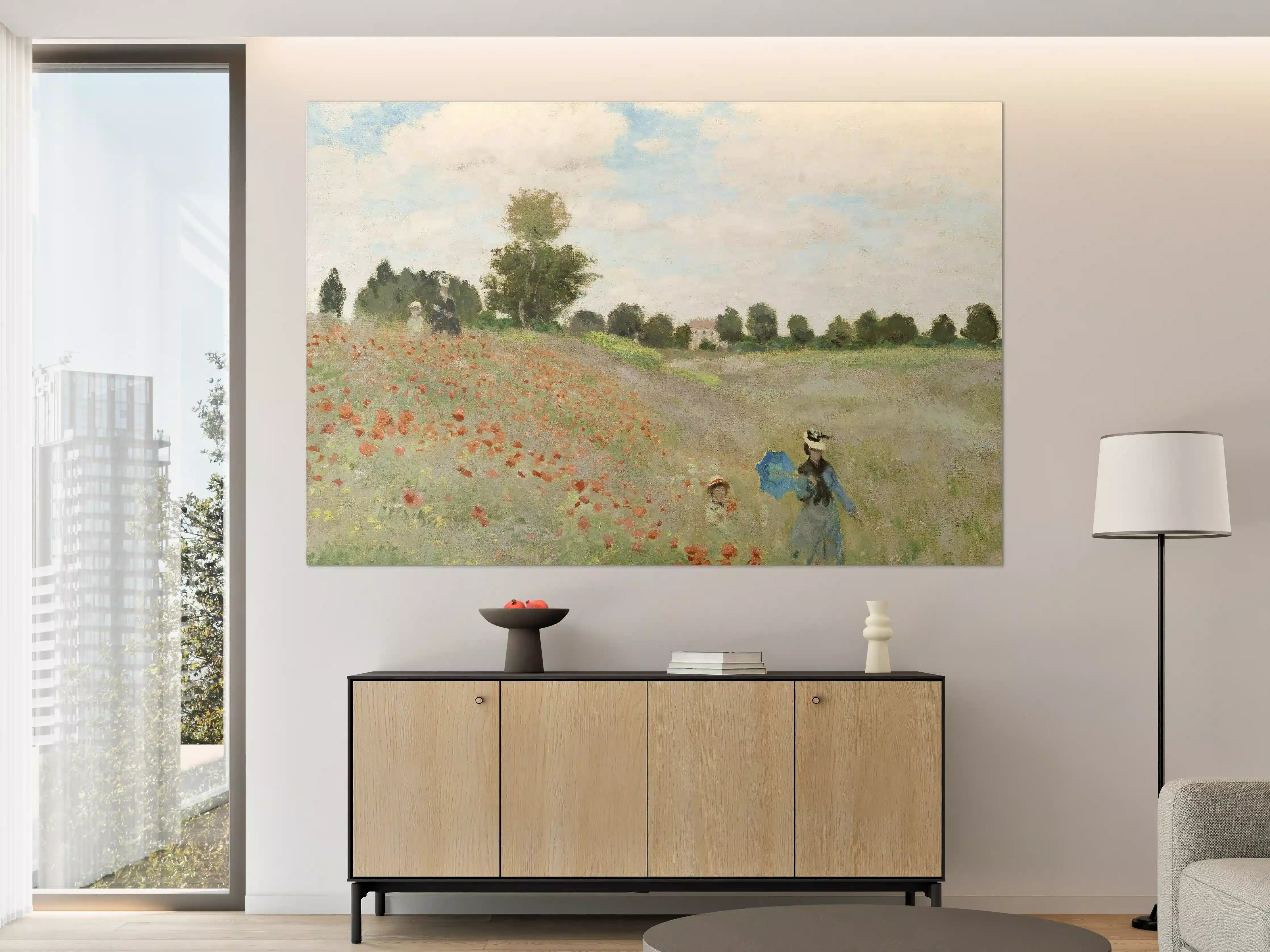 Große Wandbilder - Blumenfeld mit Spaziergängern bei Sonnenschein
