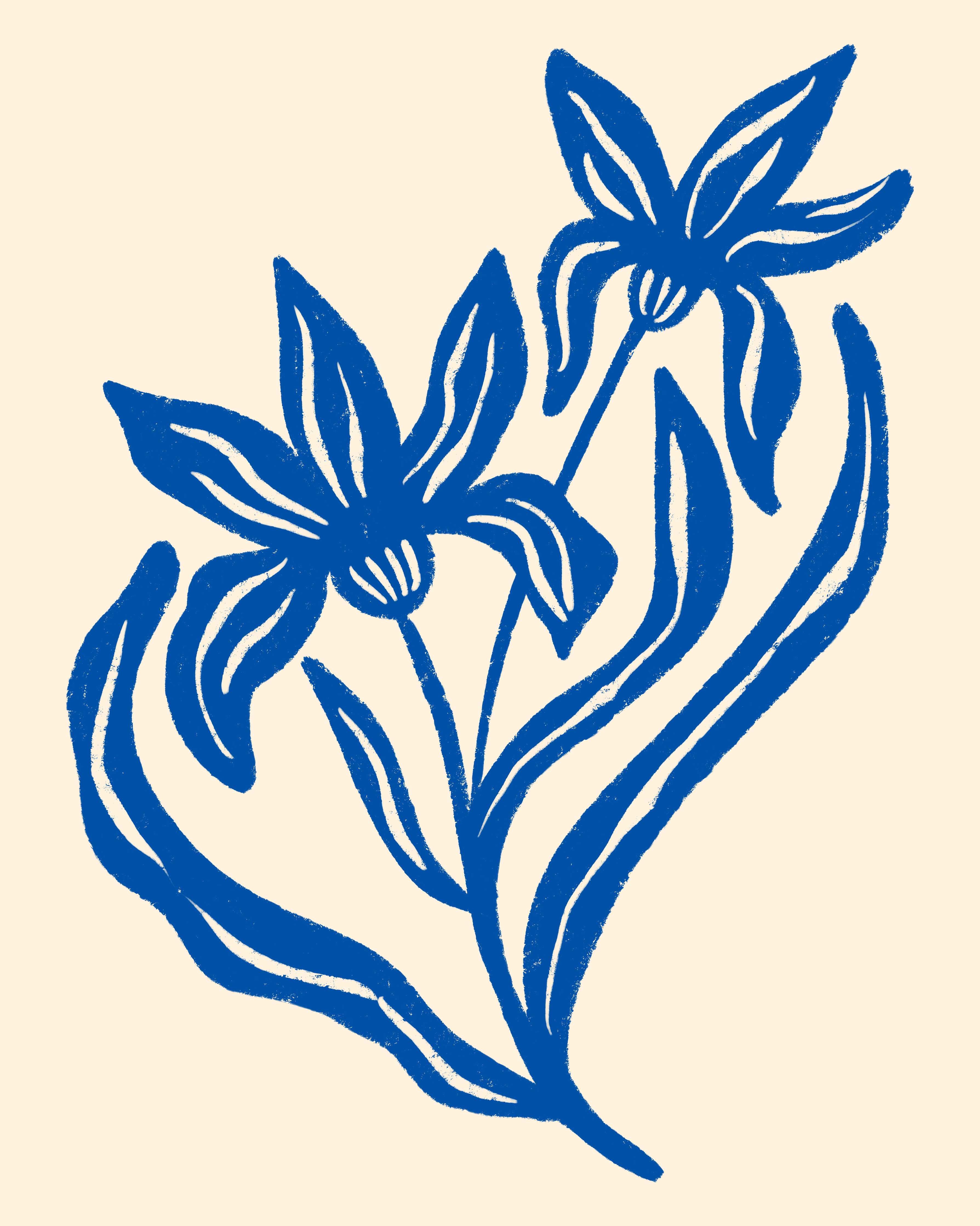 Große Wandbilder-Blumenillustration in Blau auf Creme