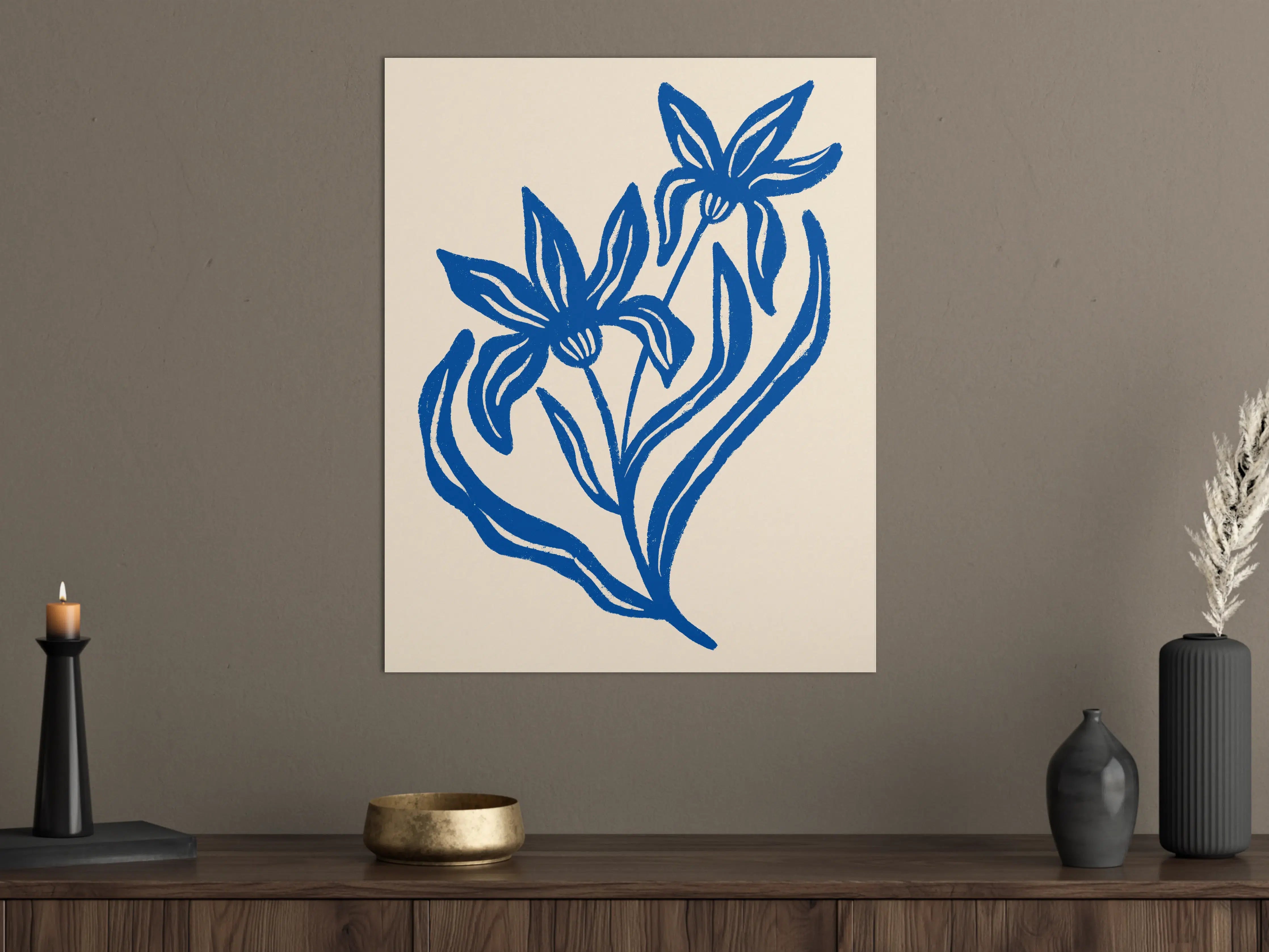 Große Wandbilder - Blumenillustration in Blau auf Creme