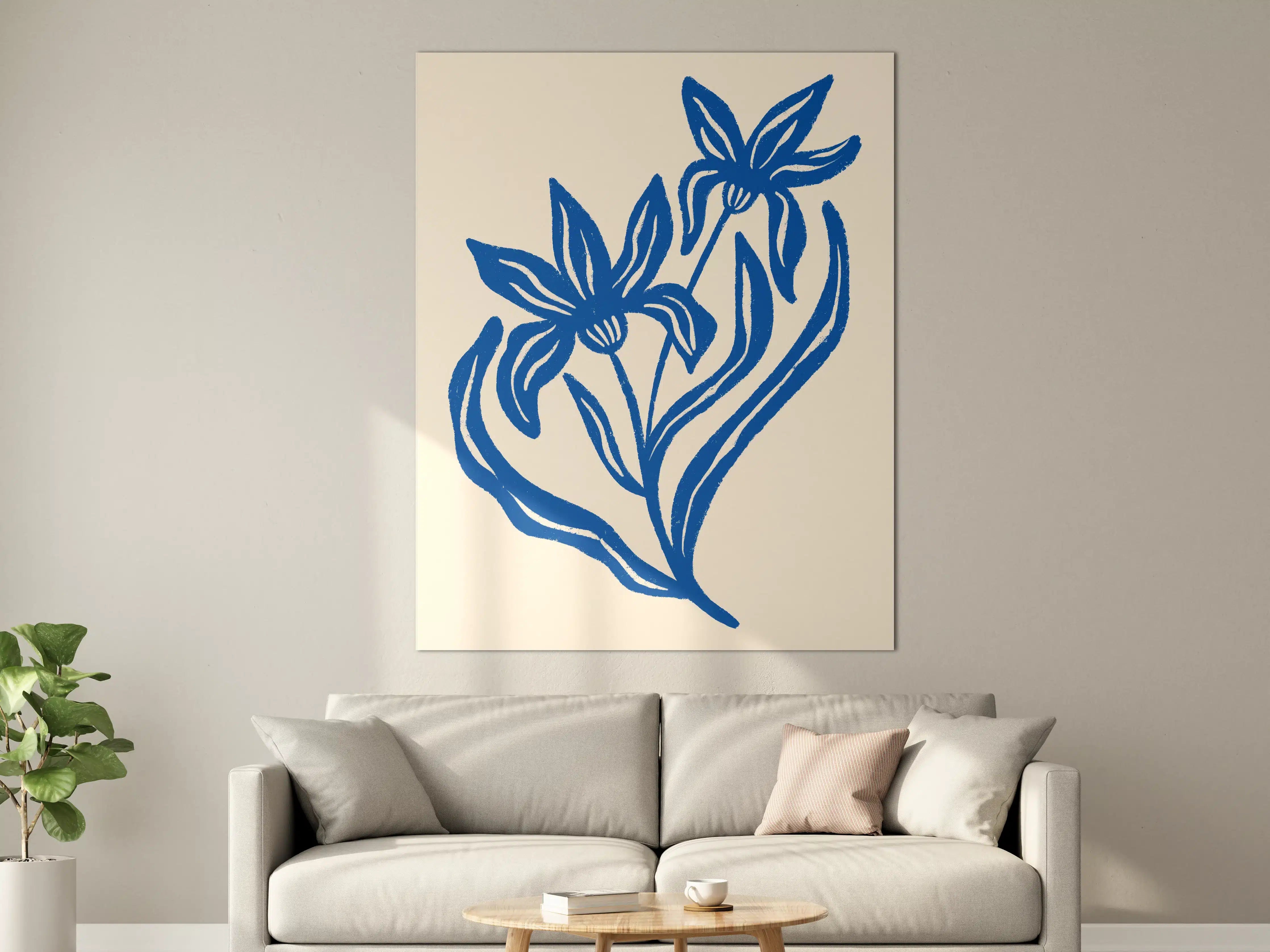 Große Wandbilder - Blumenillustration in Blau auf Creme