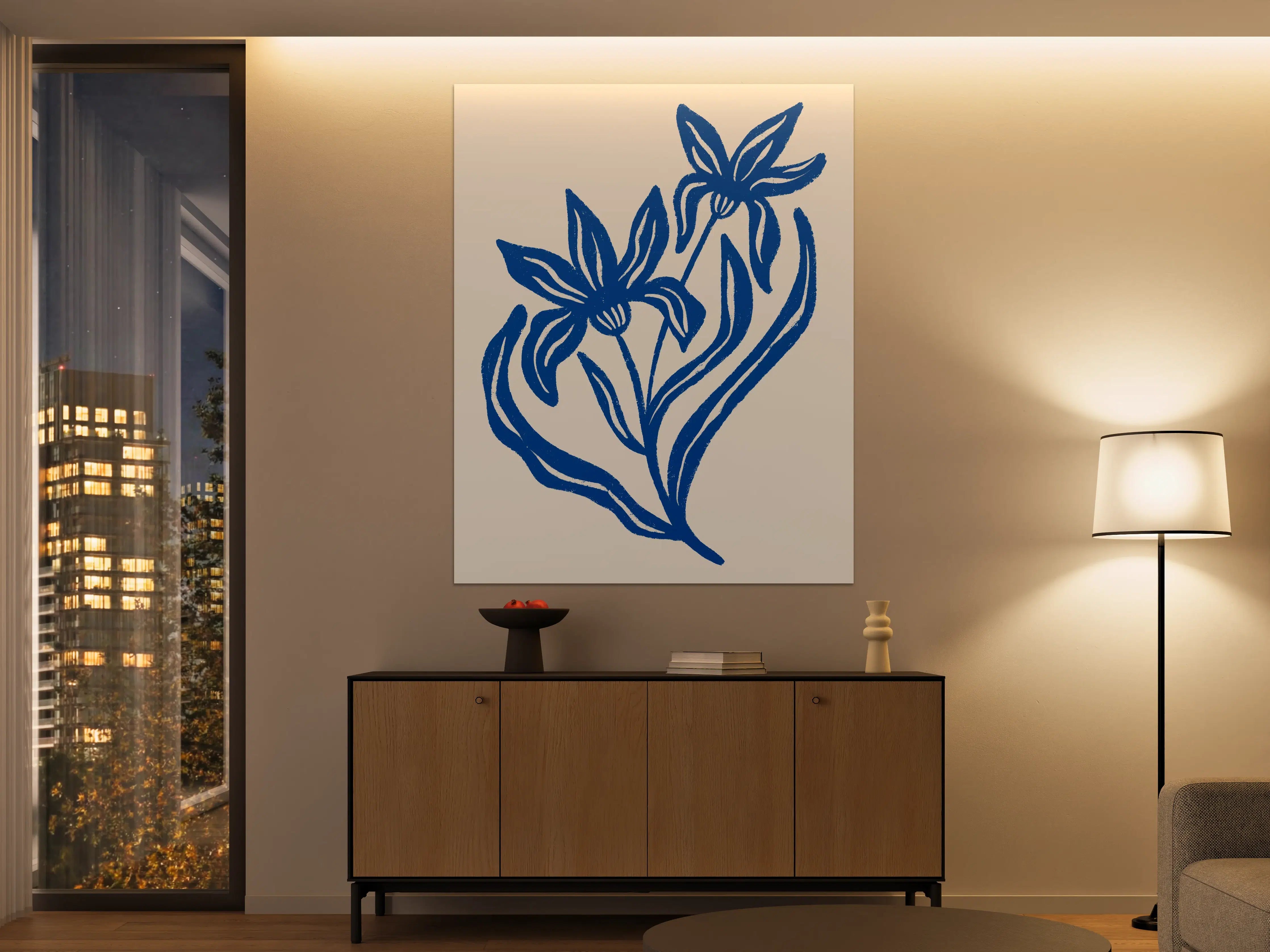 Große Wandbilder - Blumenillustration in Blau auf Creme