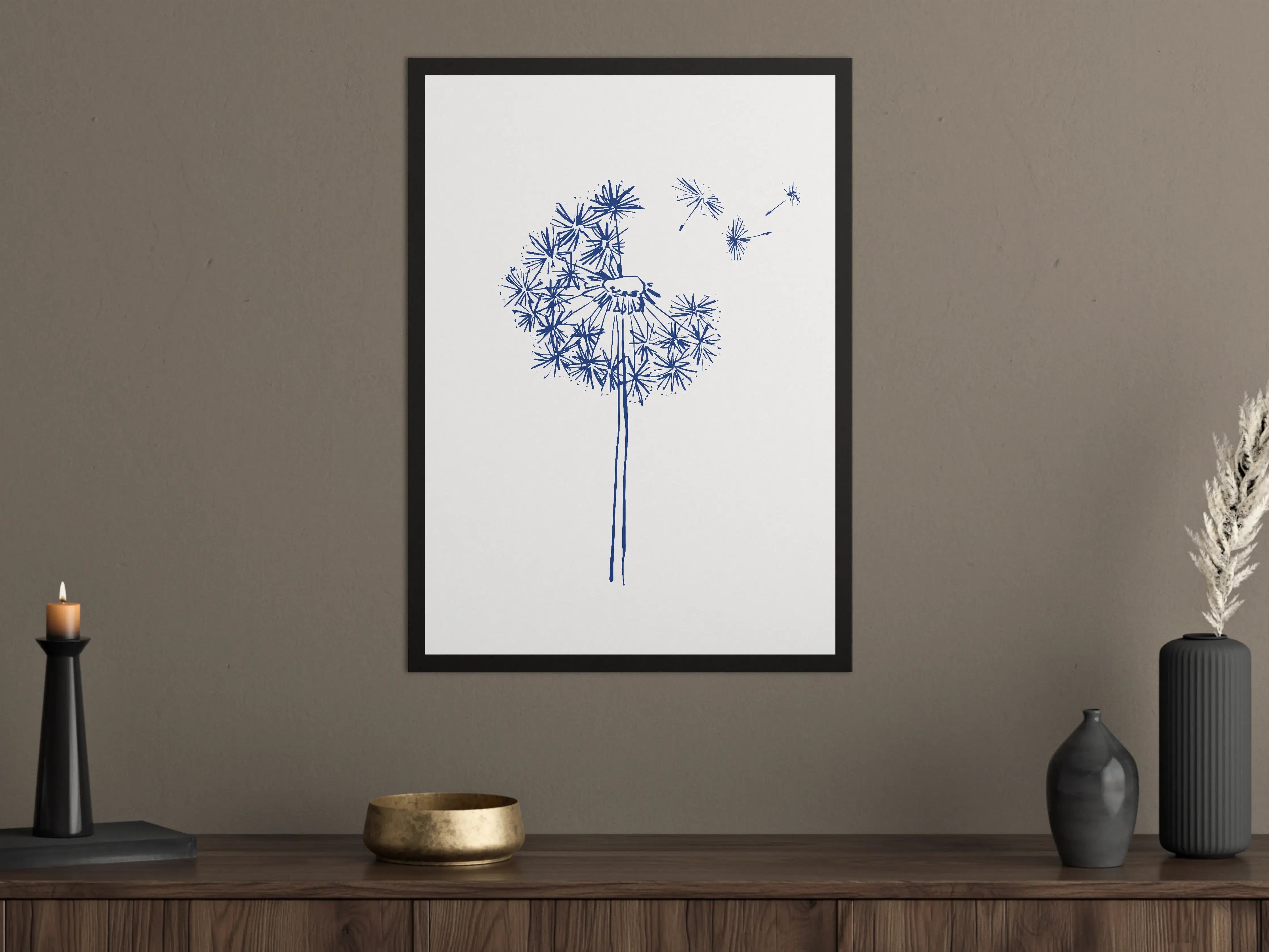 Große Wandbilder - Blumenillustration in Blau auf Weißem Hintergrund