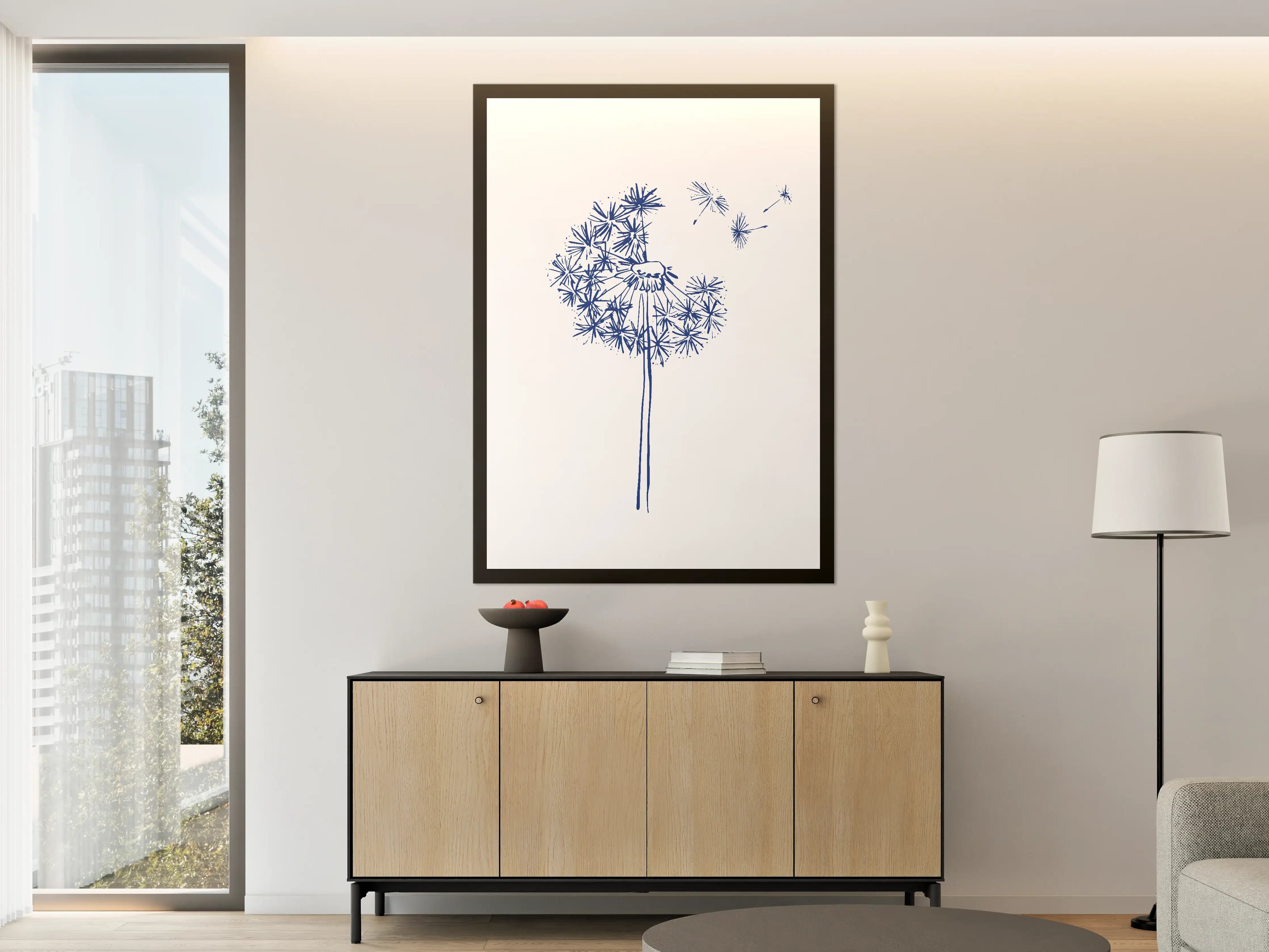 Große Wandbilder - Blumenillustration in Blau auf Weißem Hintergrund