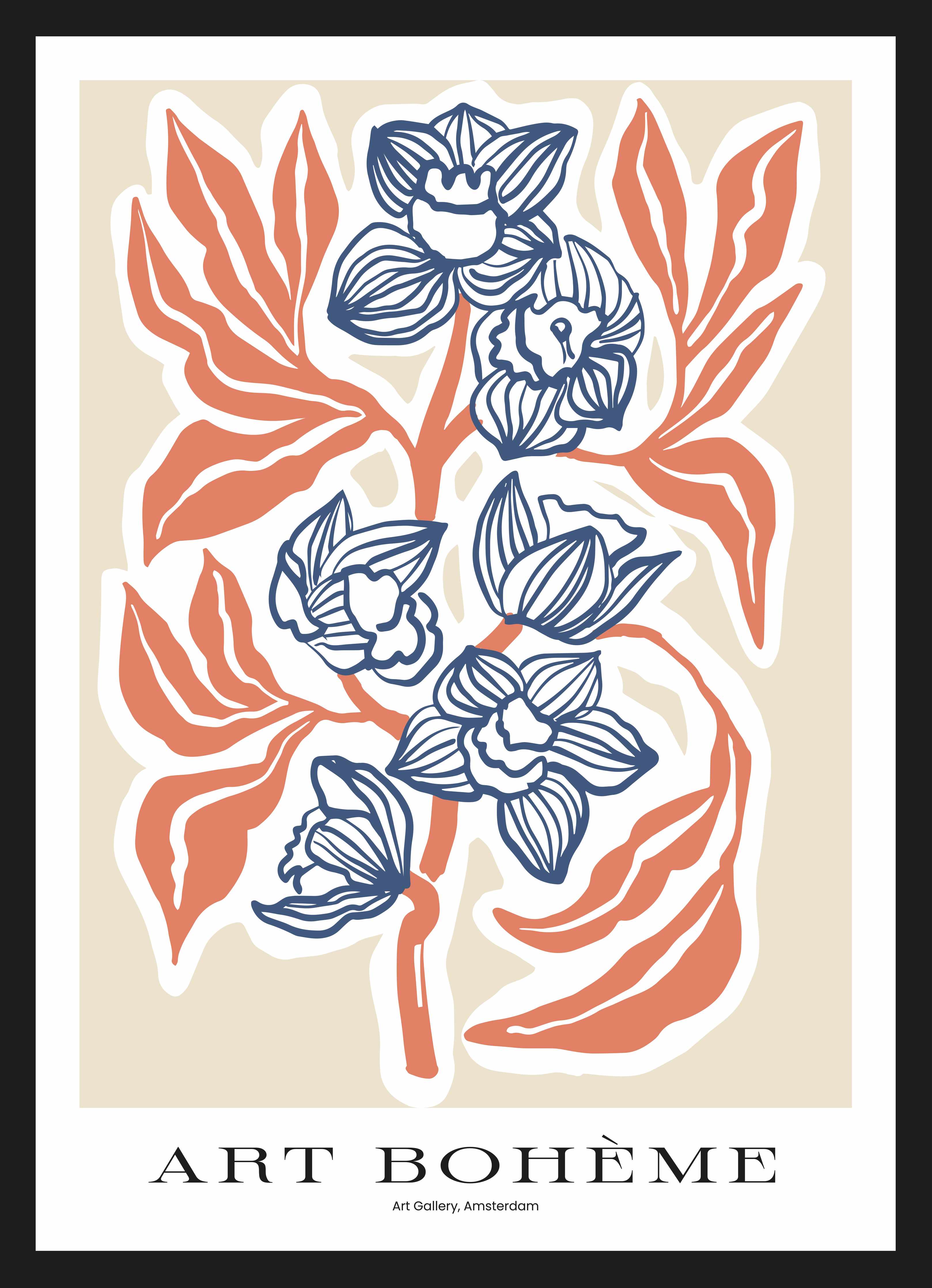 Große Wandbilder-Blumenillustration in Blau und Orange