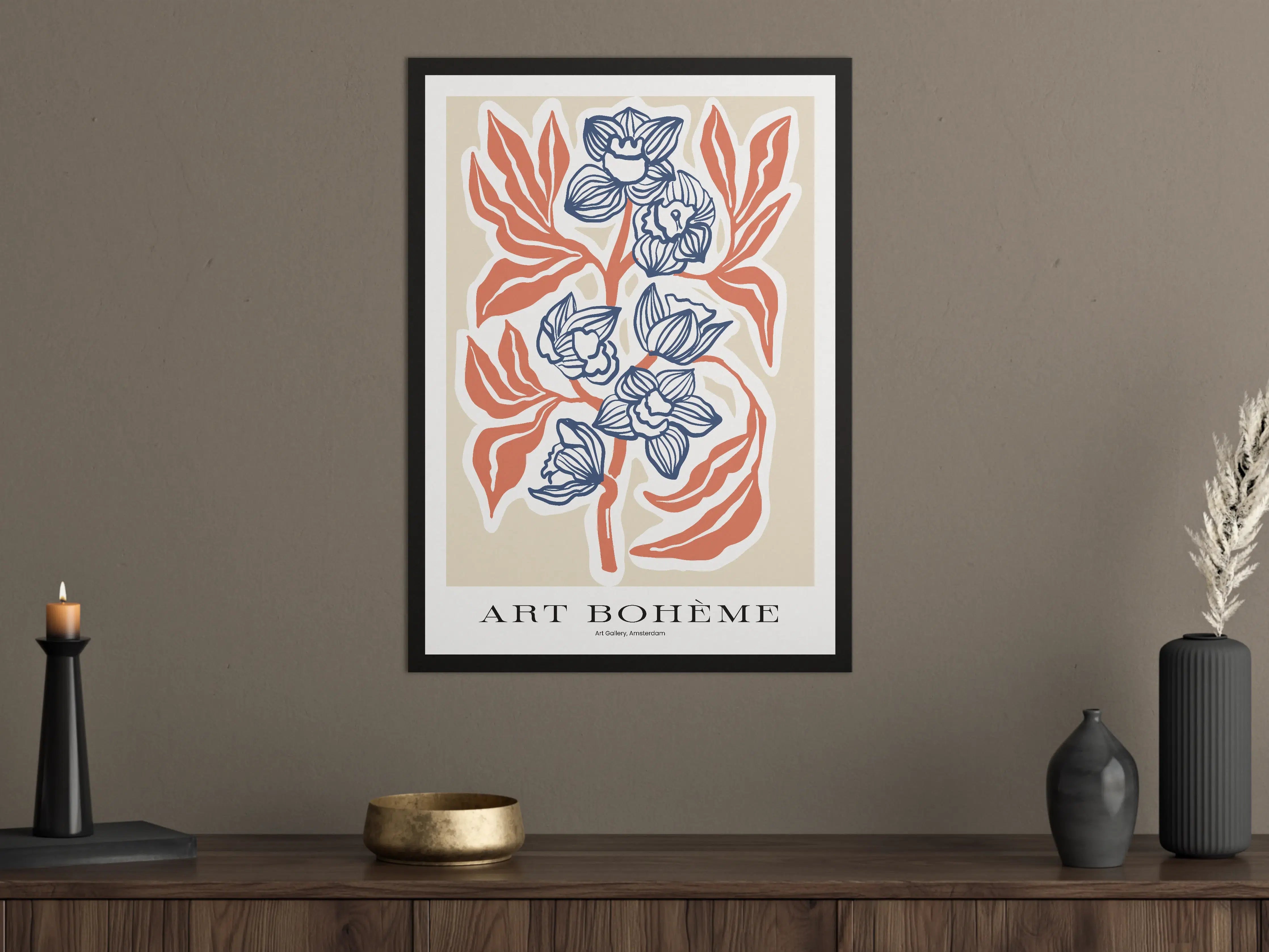 Große Wandbilder - Blumenillustration in Blau und Orange