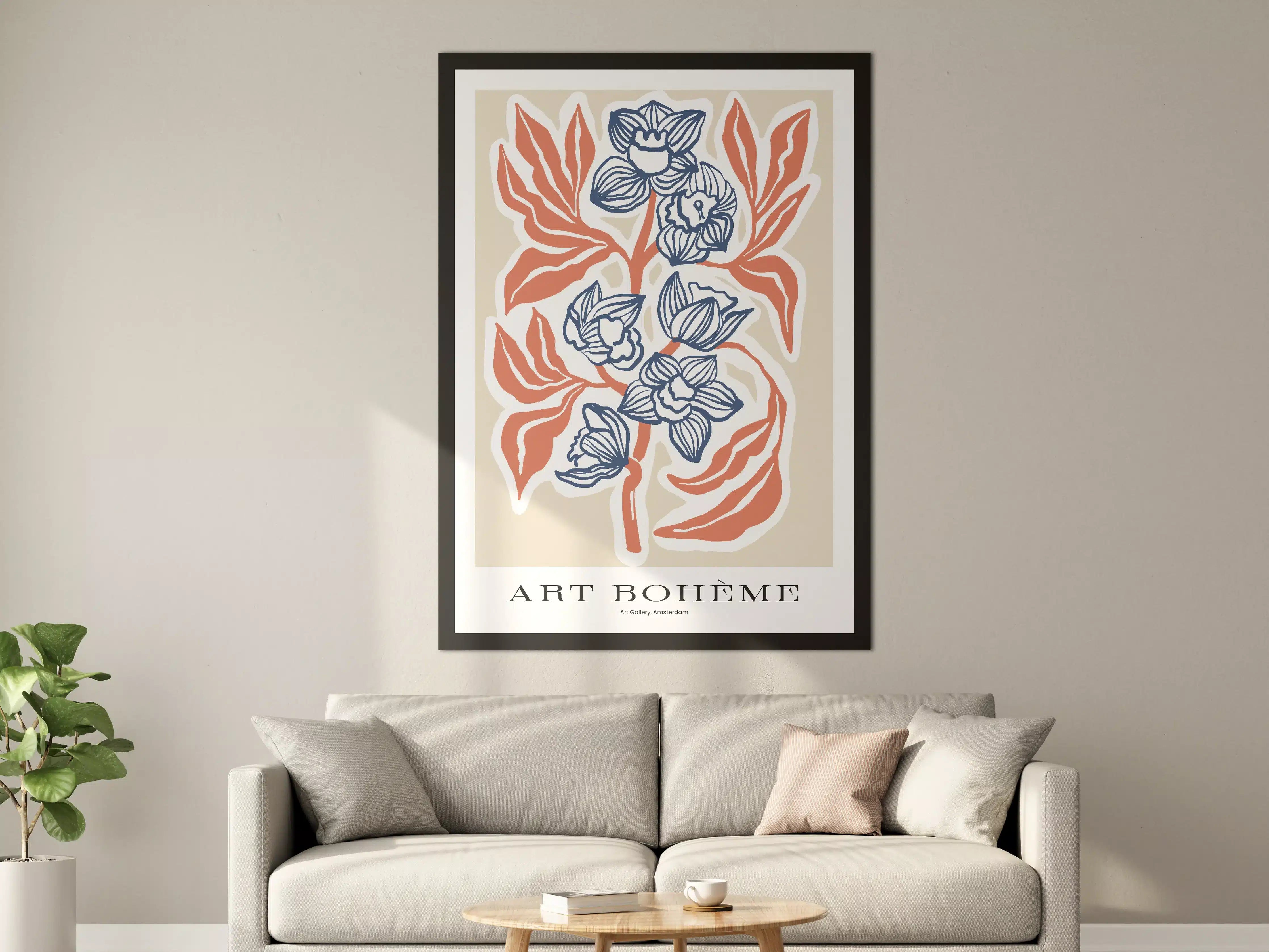 Große Wandbilder - Blumenillustration in Blau und Orange