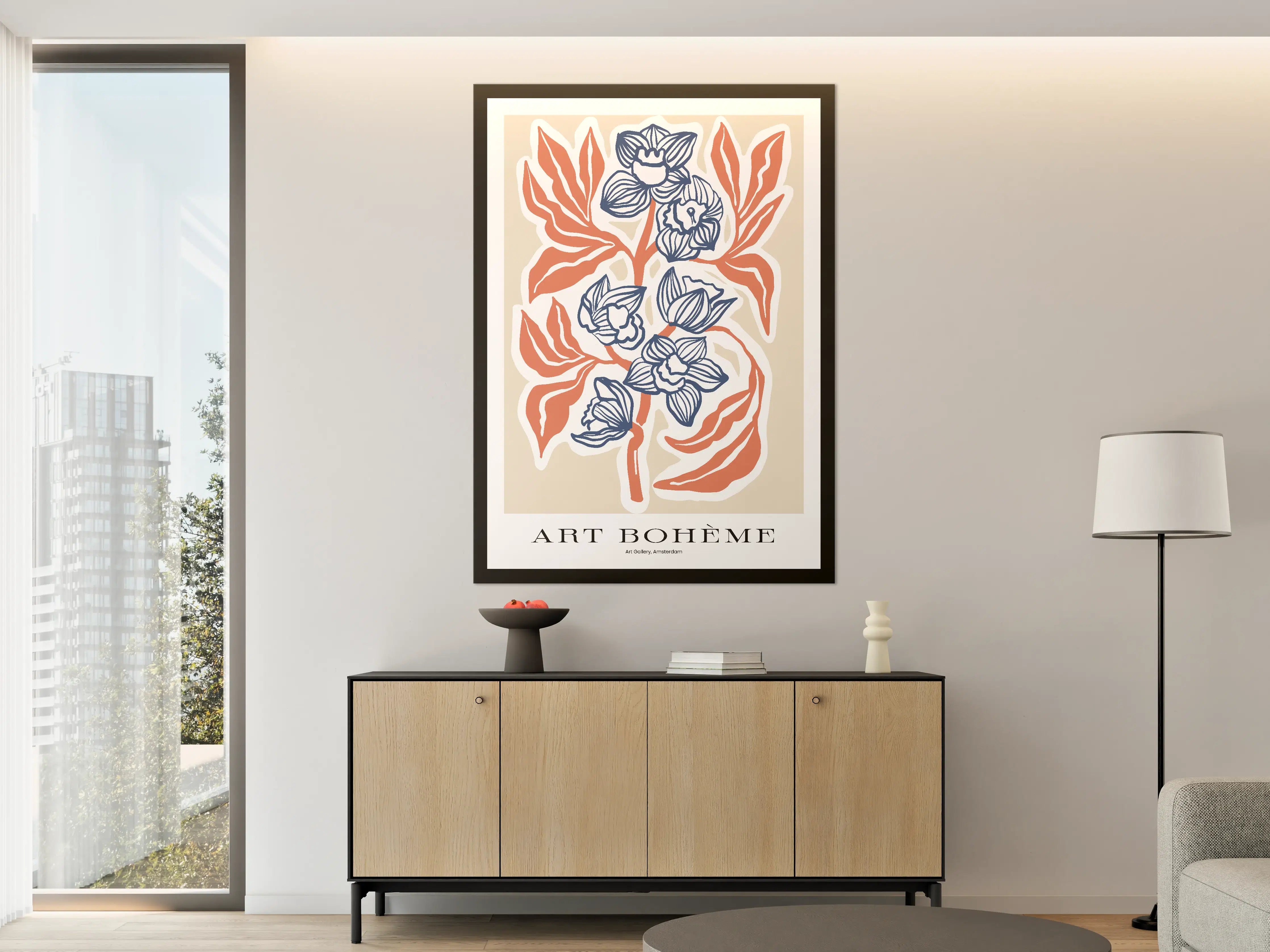 Große Wandbilder - Blumenillustration in Blau und Orange