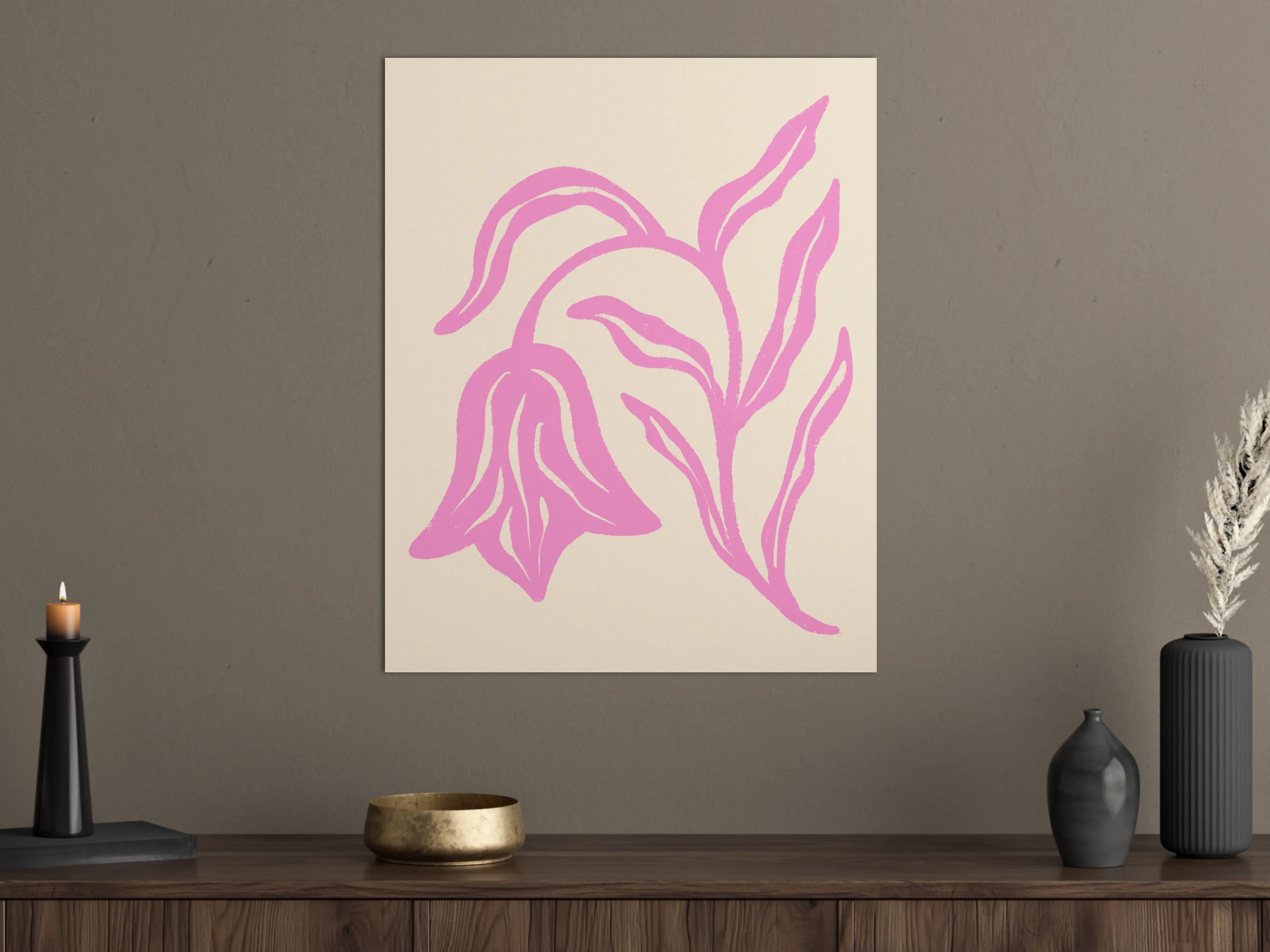 Große Wandbilder - Blumenillustration in Pink auf cremefarbenem Hintergrund