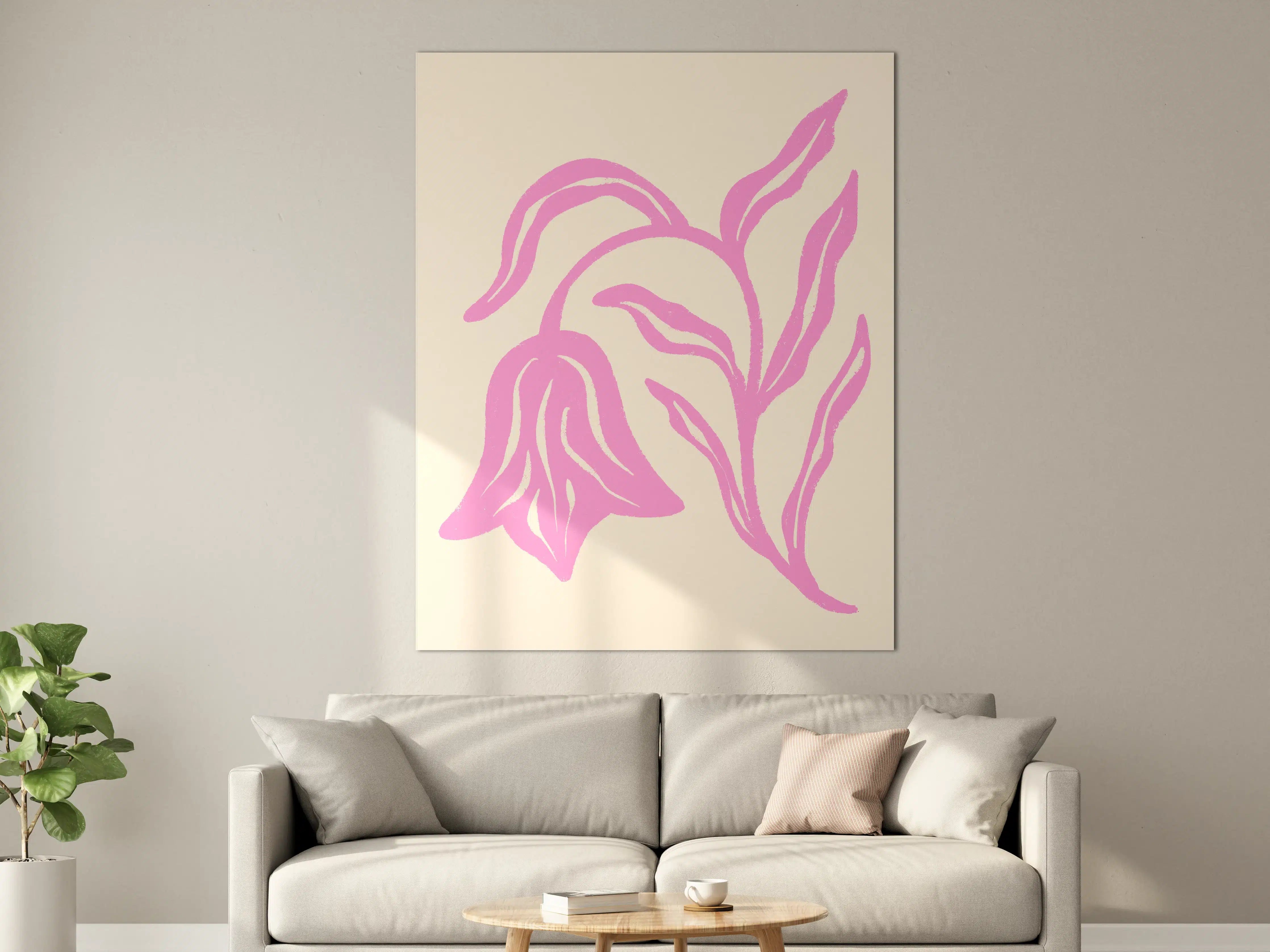 Große Wandbilder - Blumenillustration in Pink auf cremefarbenem Hintergrund