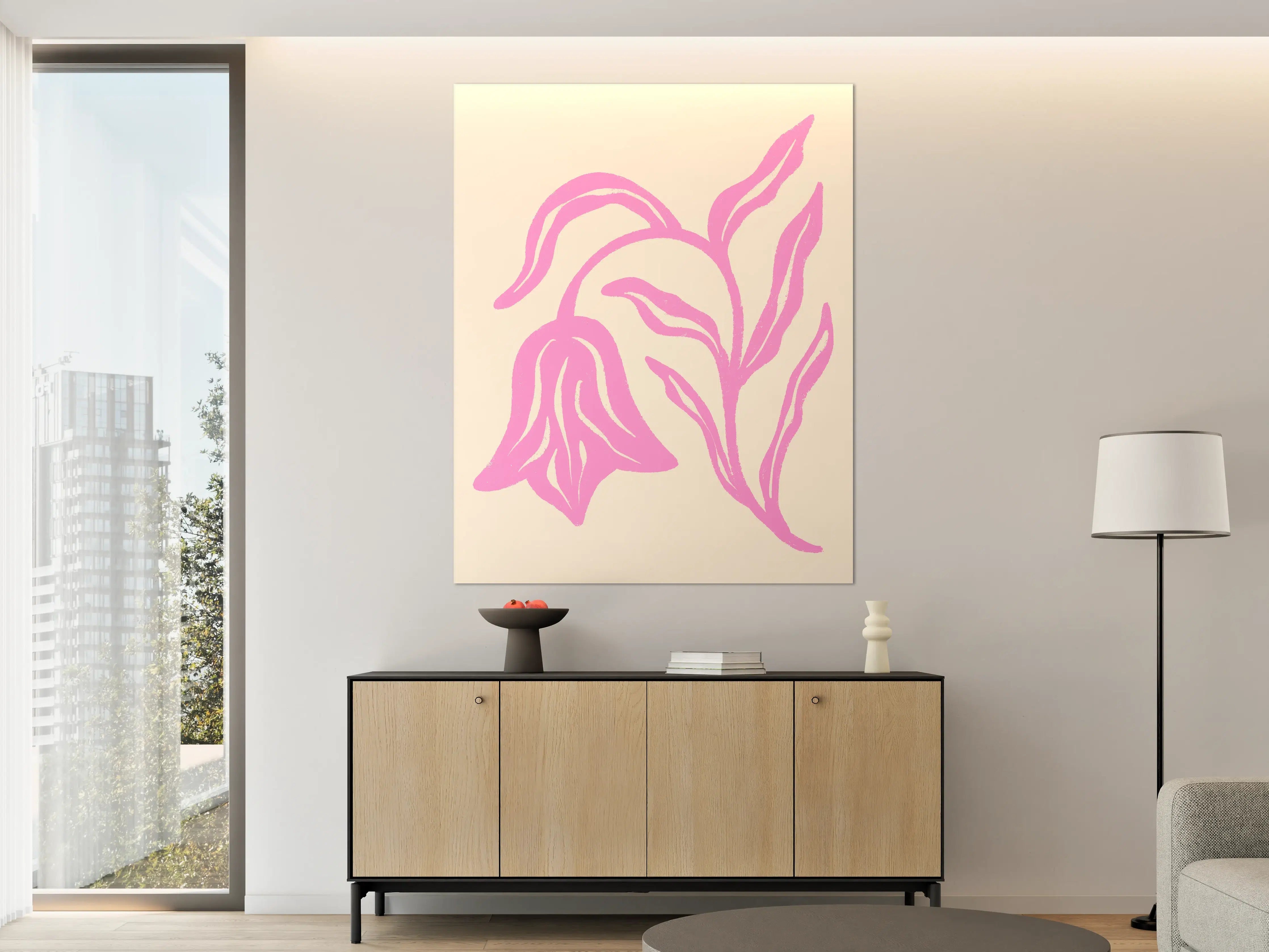 Große Wandbilder - Blumenillustration in Pink auf cremefarbenem Hintergrund