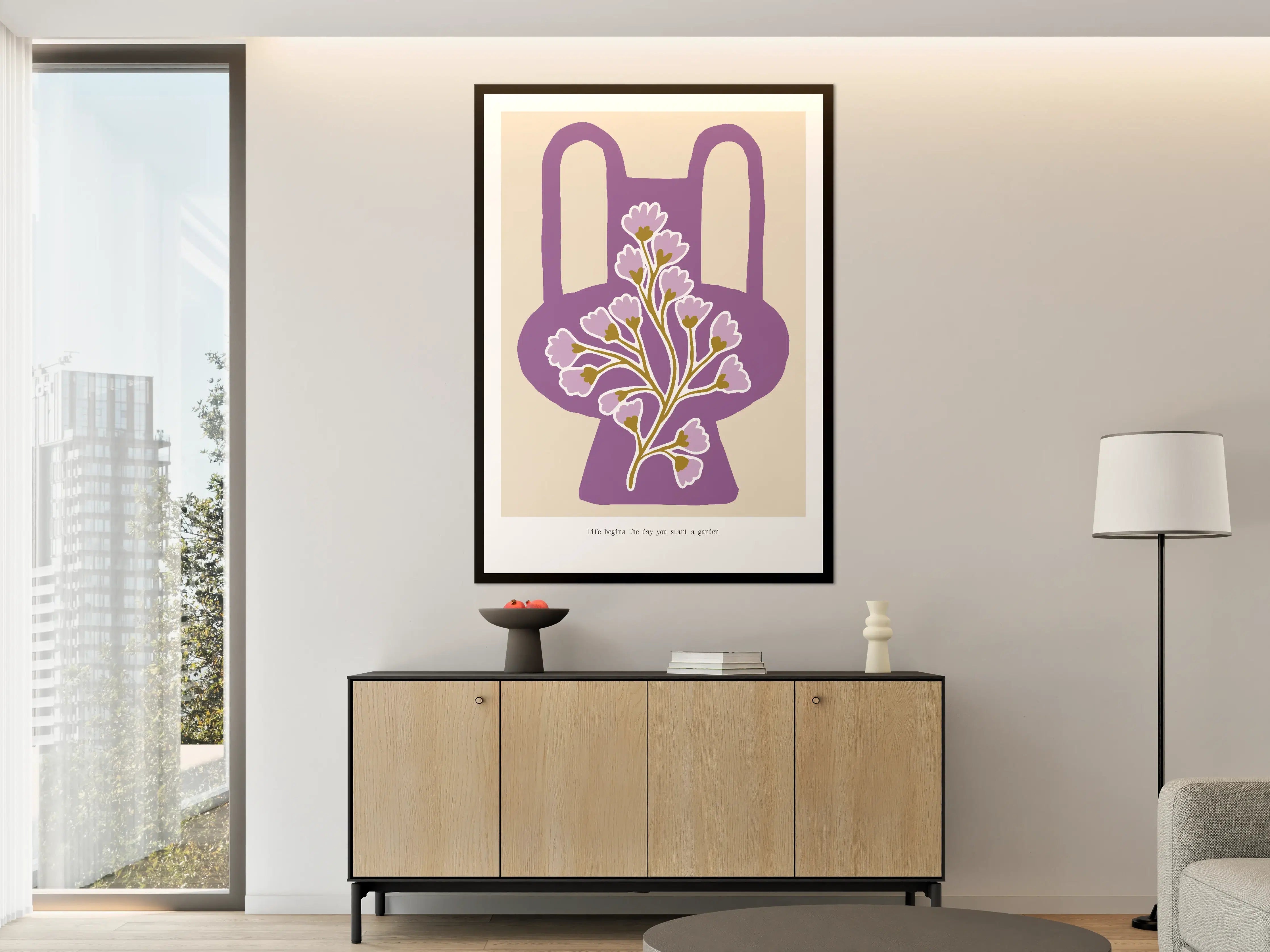 Große Wandbilder - Blumenmotiv in Lila auf neutralem Hintergrund