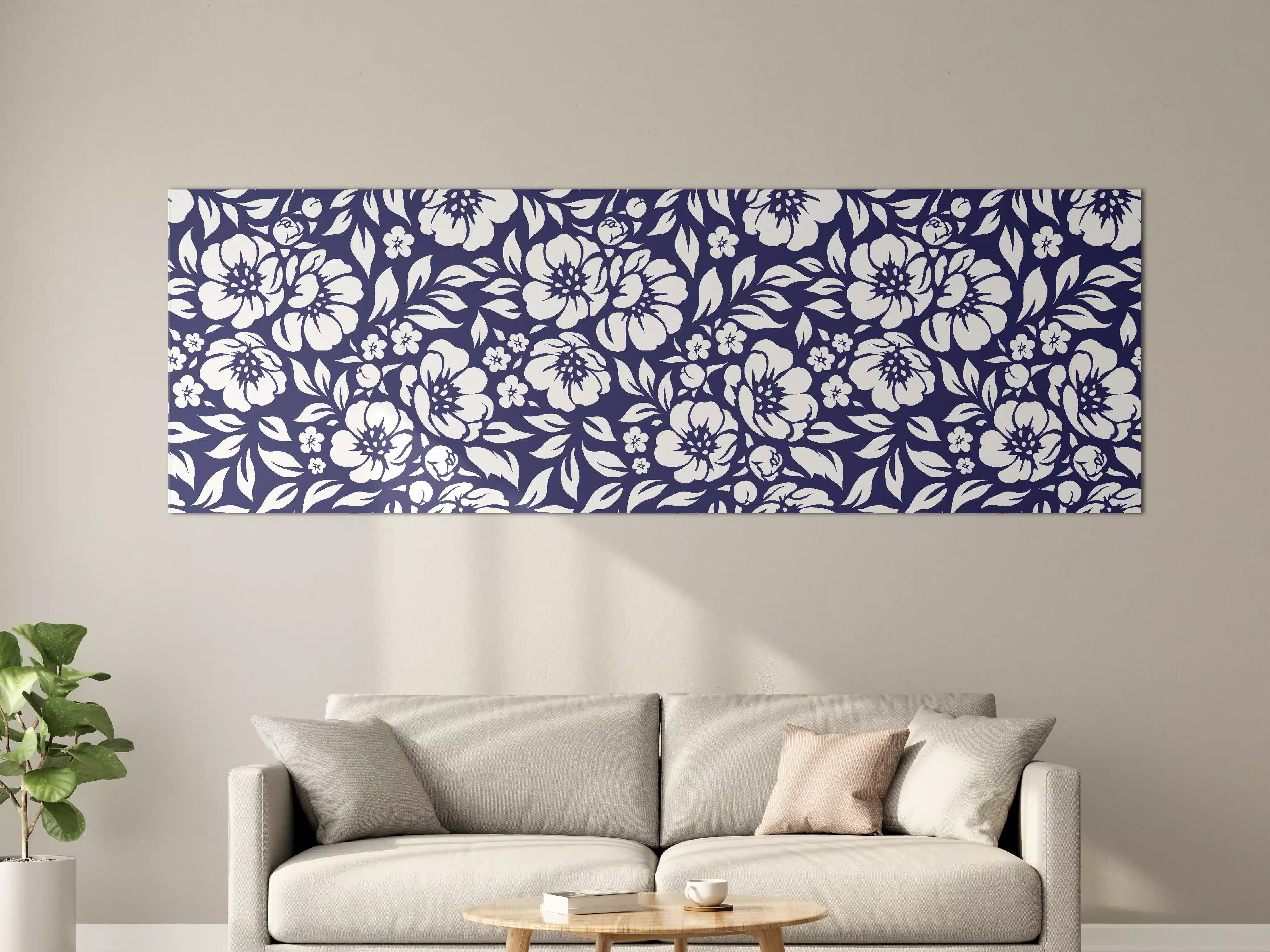 Große Wandbilder - Blumenmuster in Weiß und Blau