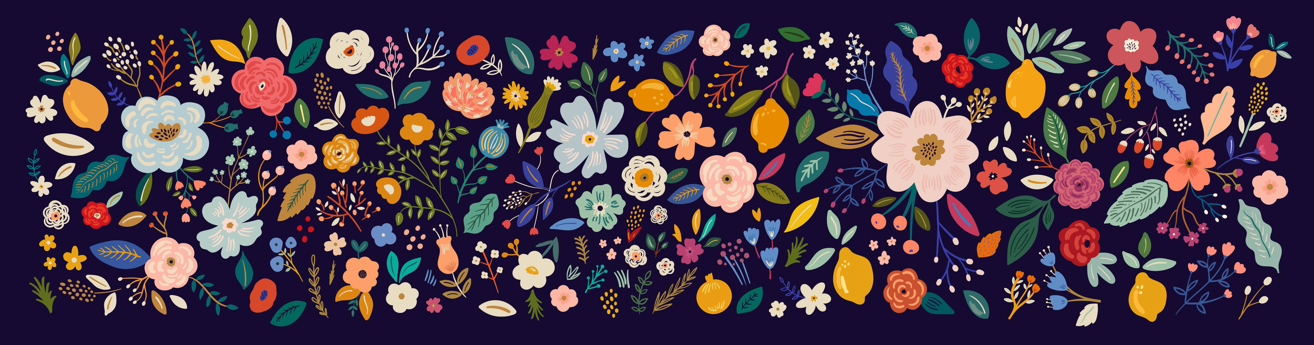 Große Wandbilder-Blumenmuster in bunten Farben auf dunklem Hintergrund