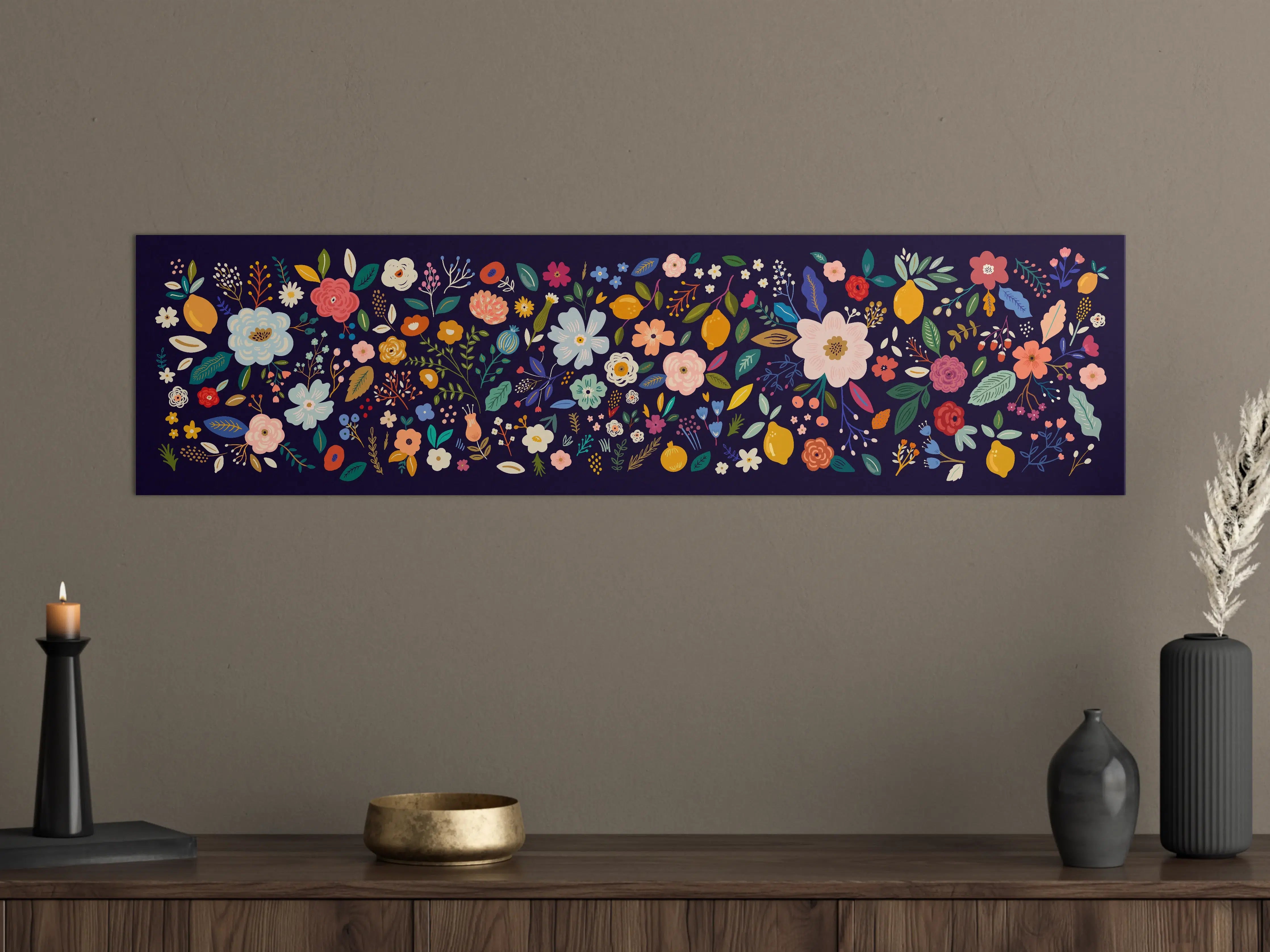 Große Wandbilder - Blumenmuster in bunten Farben auf dunklem Hintergrund