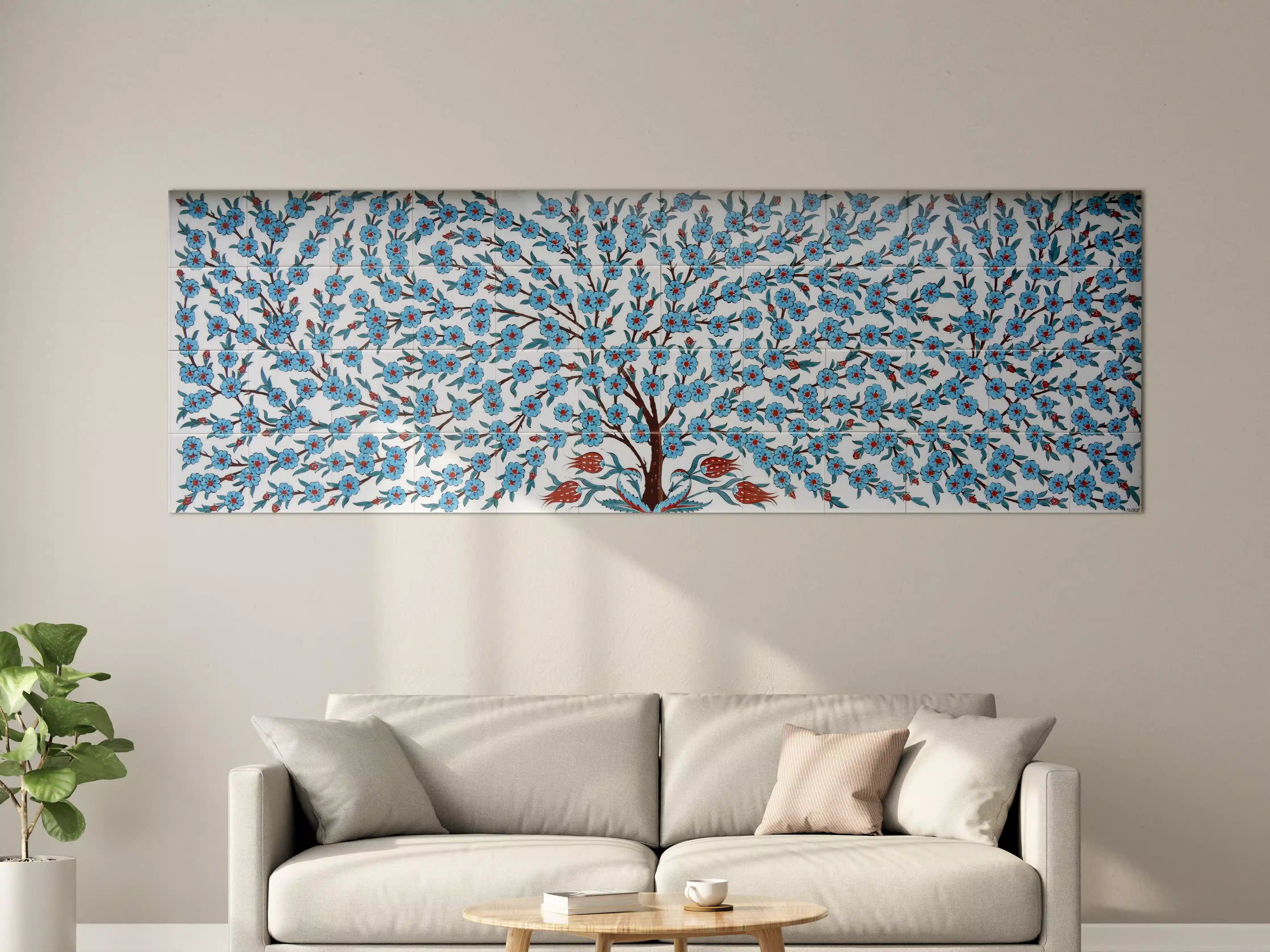 Große Wandbilder - Blumenmuster mit blauen Blüten und roten Vögeln
