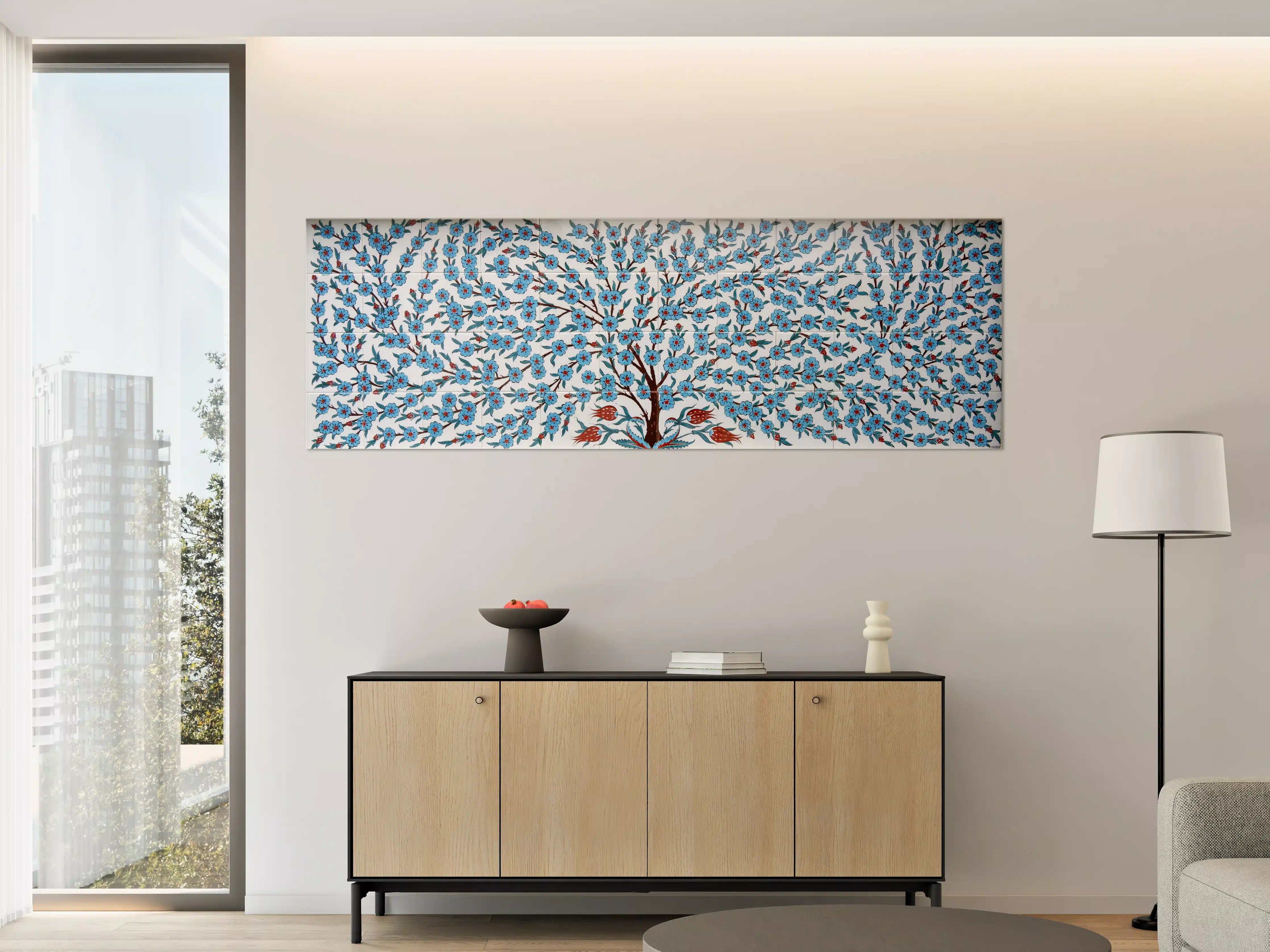 Große Wandbilder - Blumenmuster mit blauen Blüten und roten Vögeln