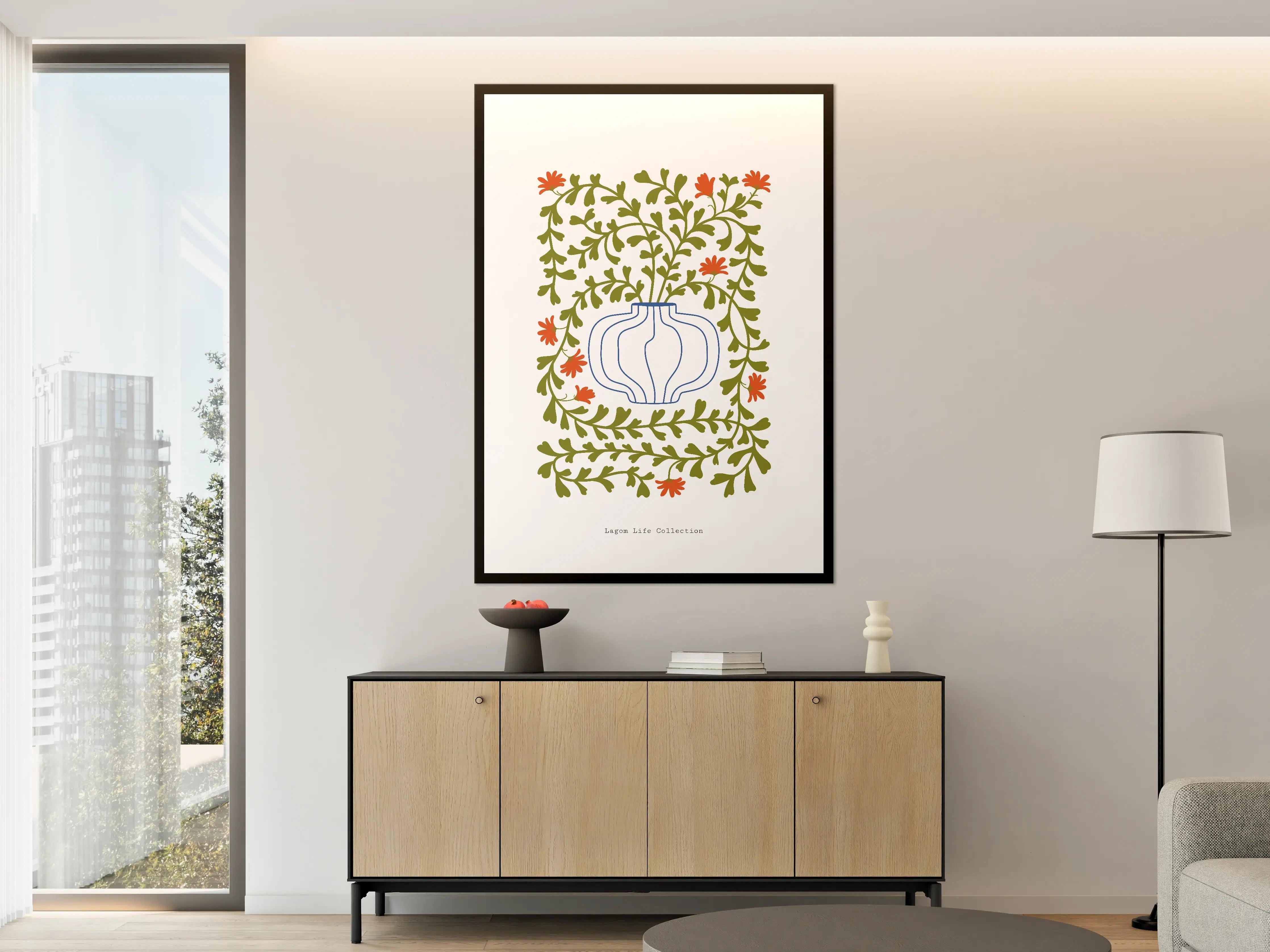 Große Wandbilder - Blumenmuster mit grünen Ranken und roten Blüten