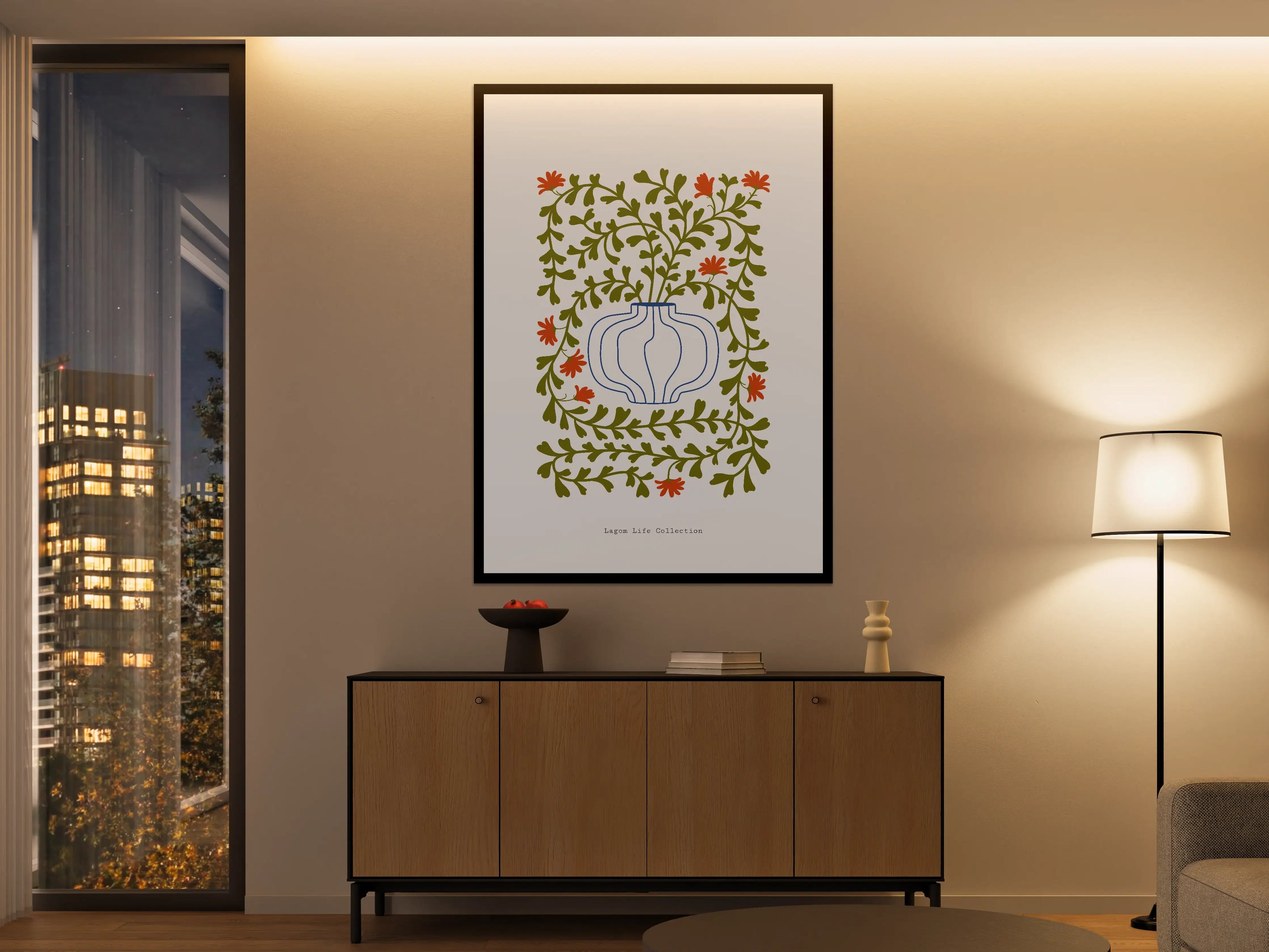 Große Wandbilder - Blumenmuster mit grünen Ranken und roten Blüten