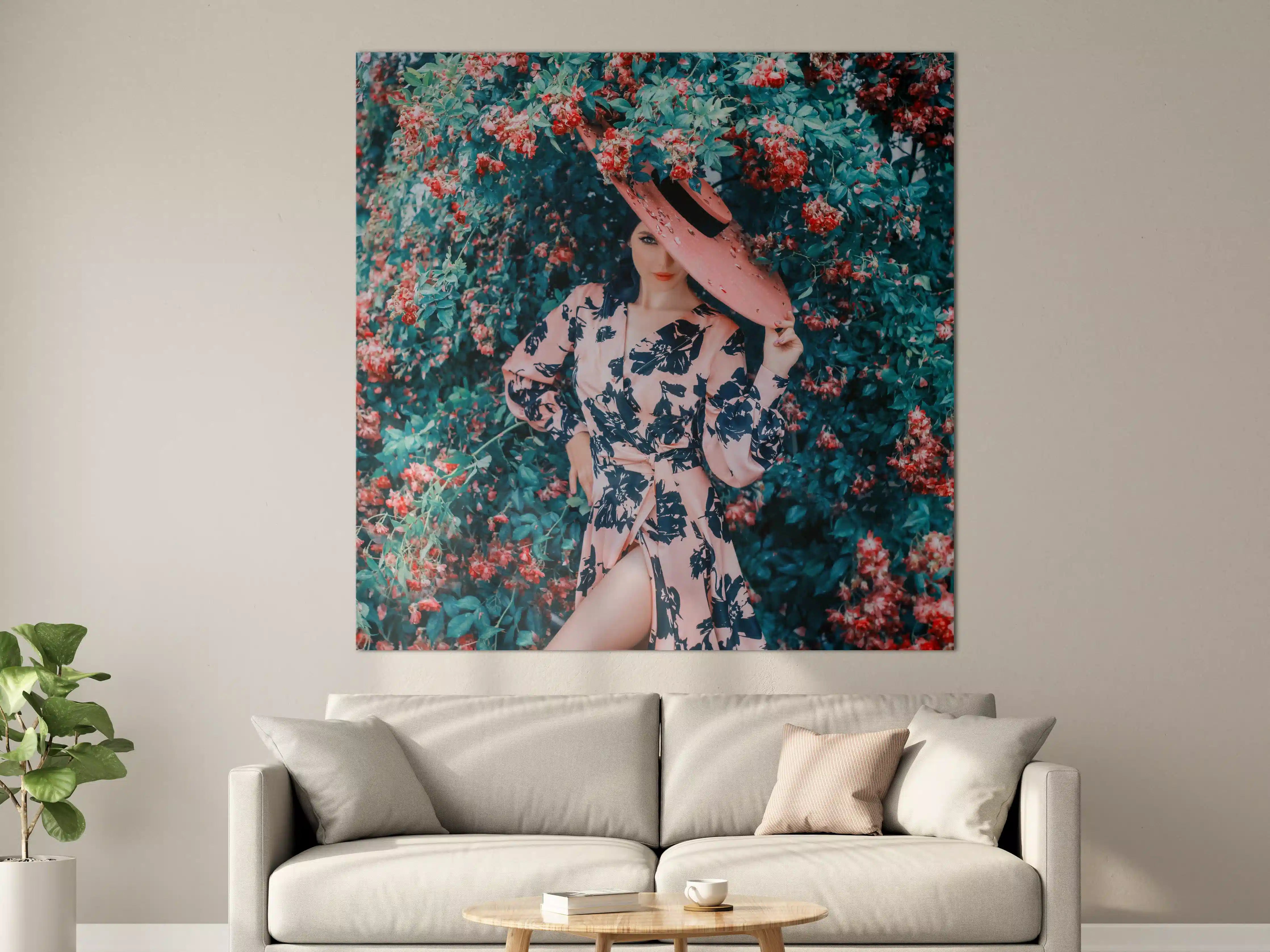 Große Wandbilder - Blumenreiche Frau im eleganten Kleid