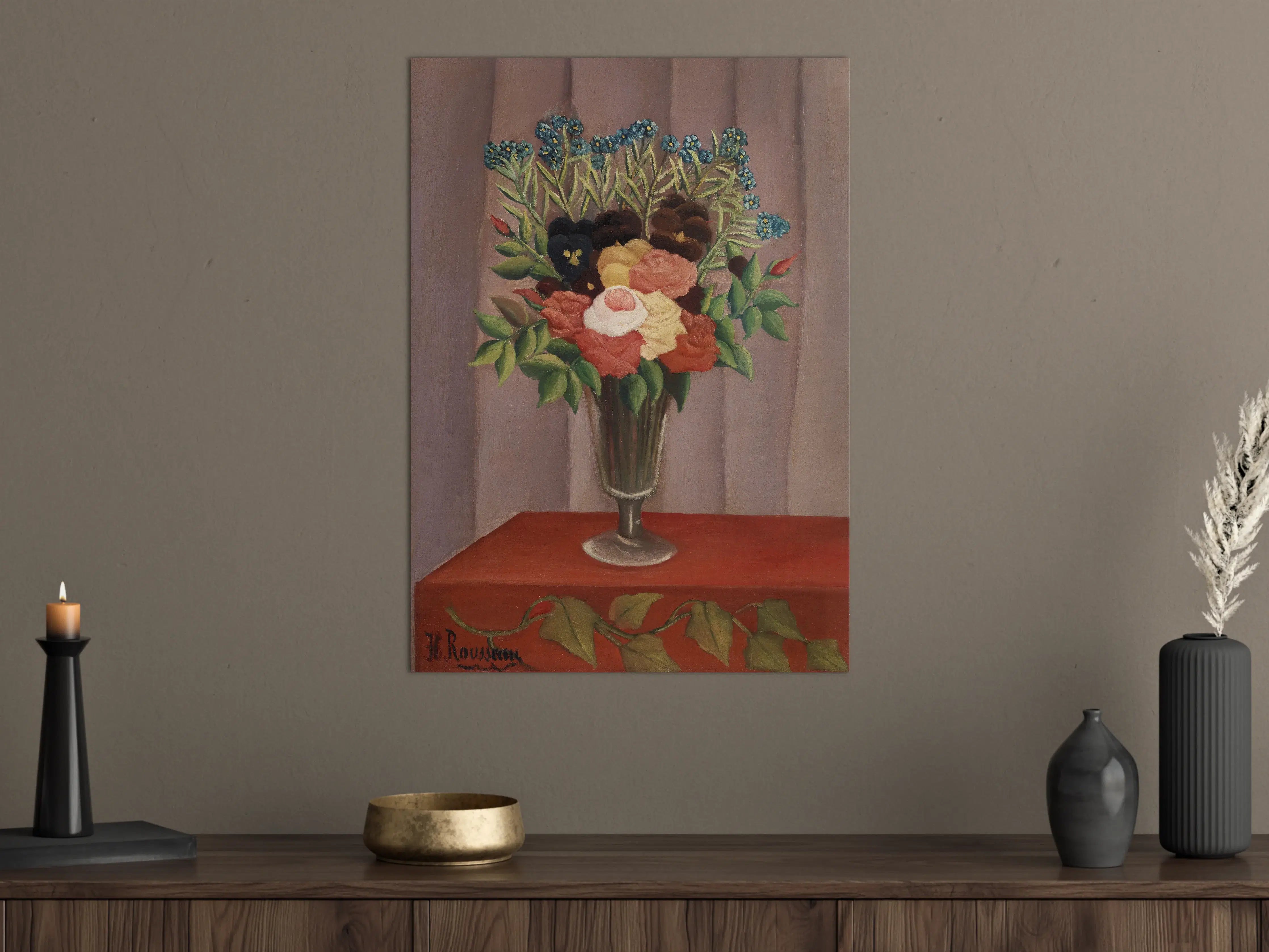 Große Wandbilder - Blumenstrauß in Vase vor Holzwand
