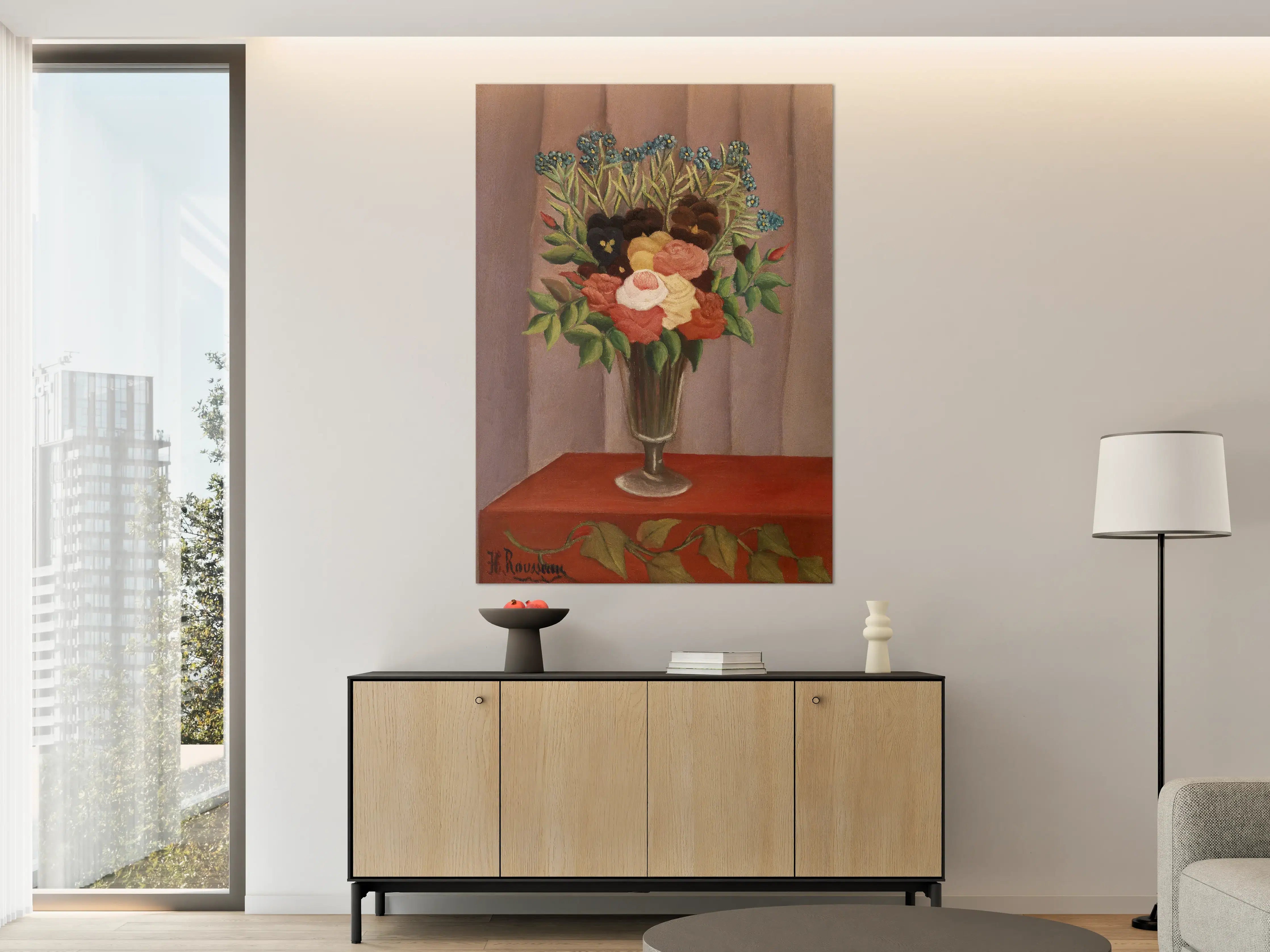 Große Wandbilder - Blumenstrauß in Vase vor Holzwand